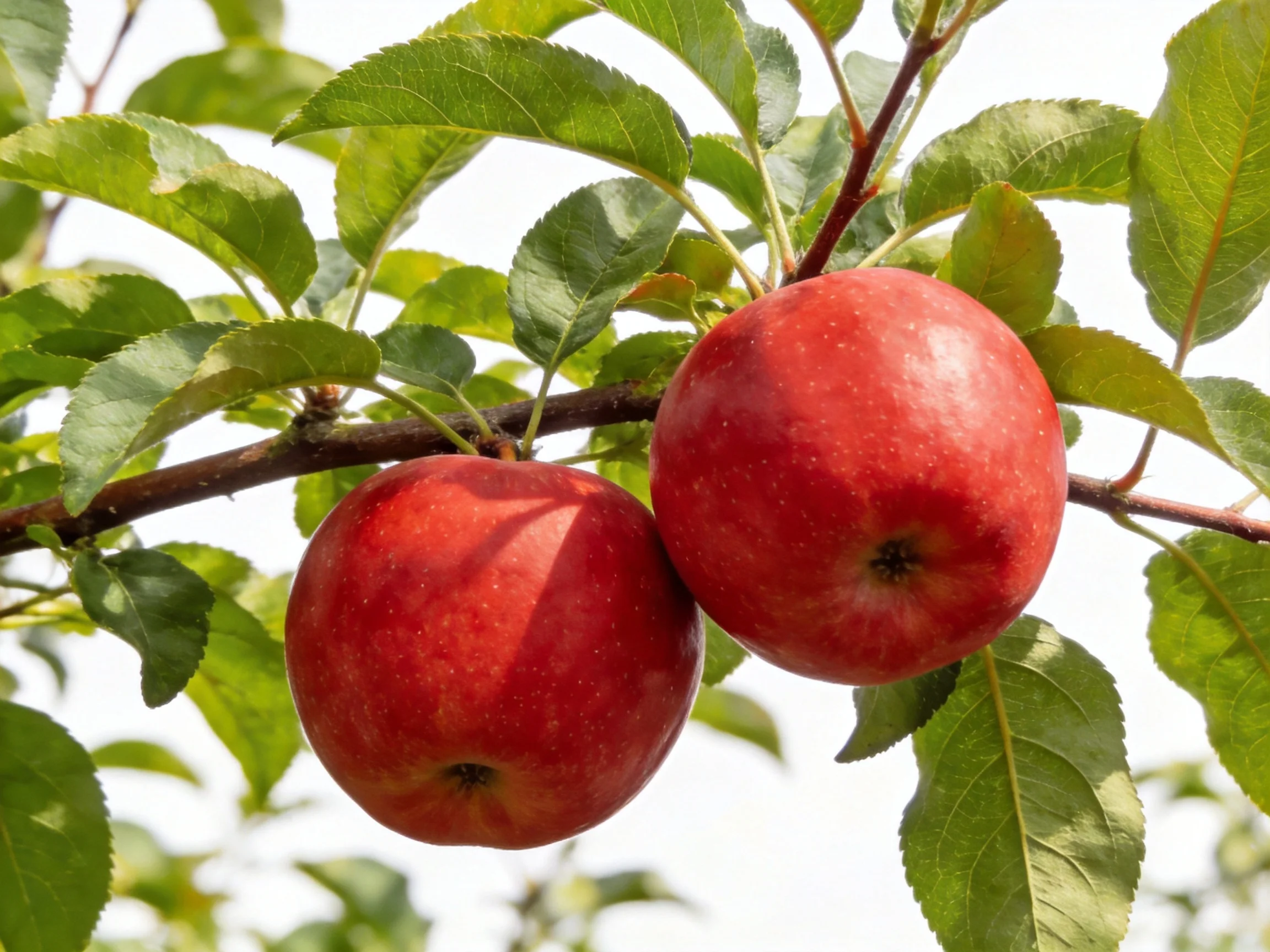 Two glossy red apples hang from a branch amid green foliage