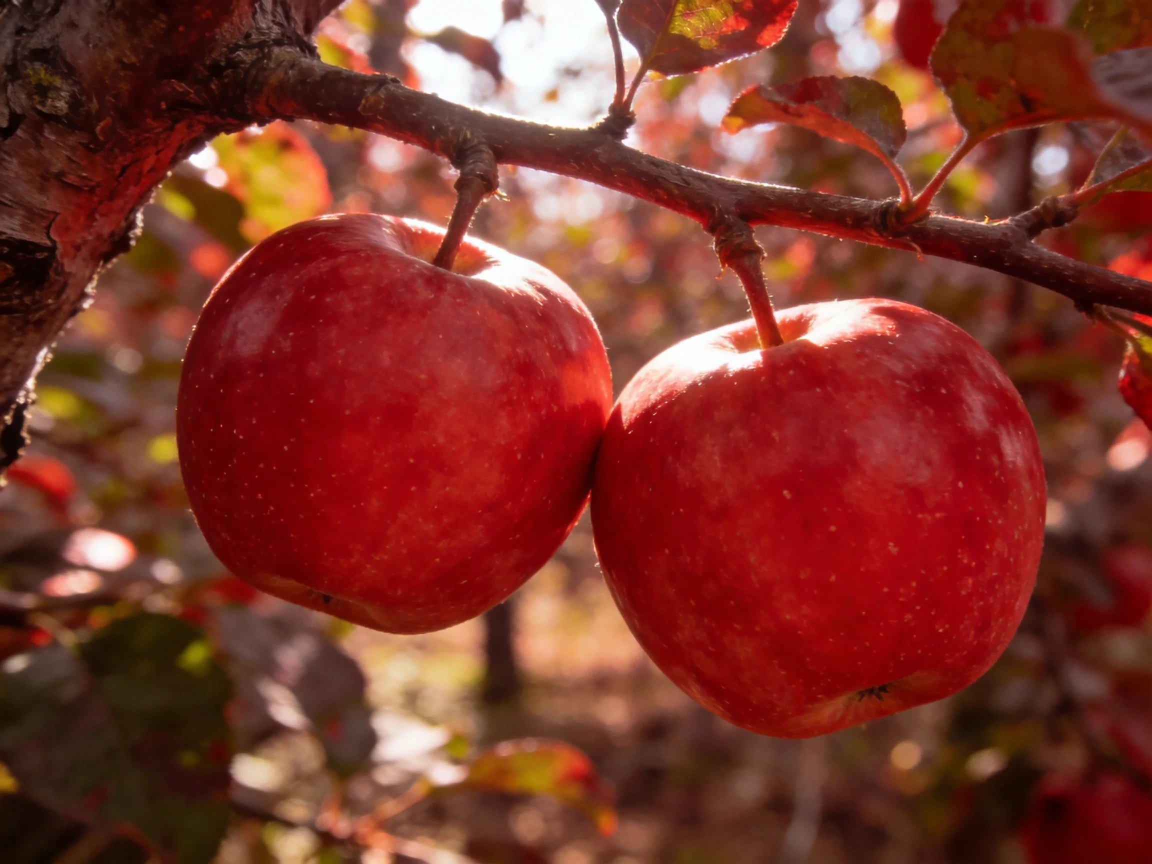 Two glossy red apples hang from a curved tree branch amid autumn foliage