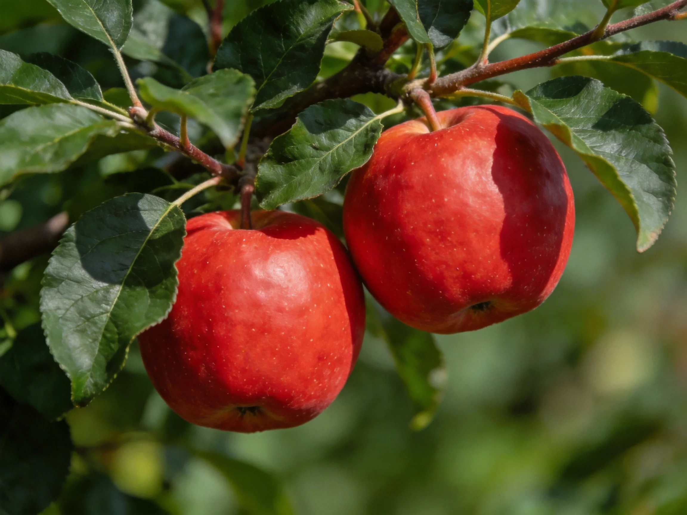 Two glossy red apples hang from a leafy apple tree branch