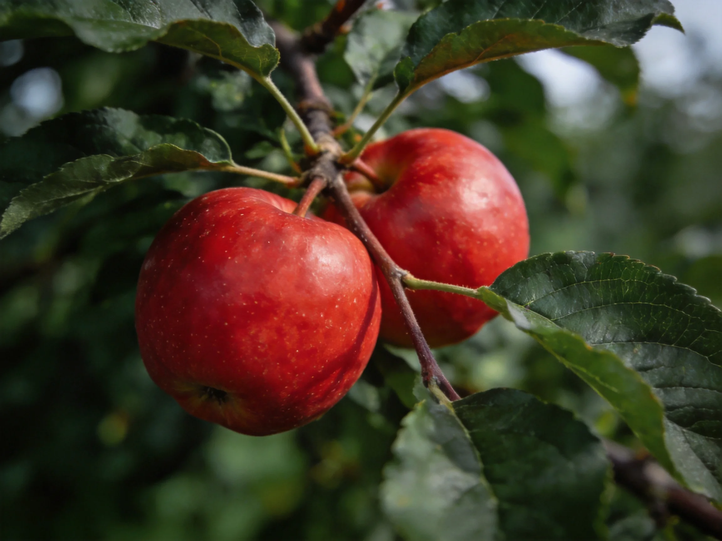 Two glossy red apples hang from a tree branch amid dark green foliage