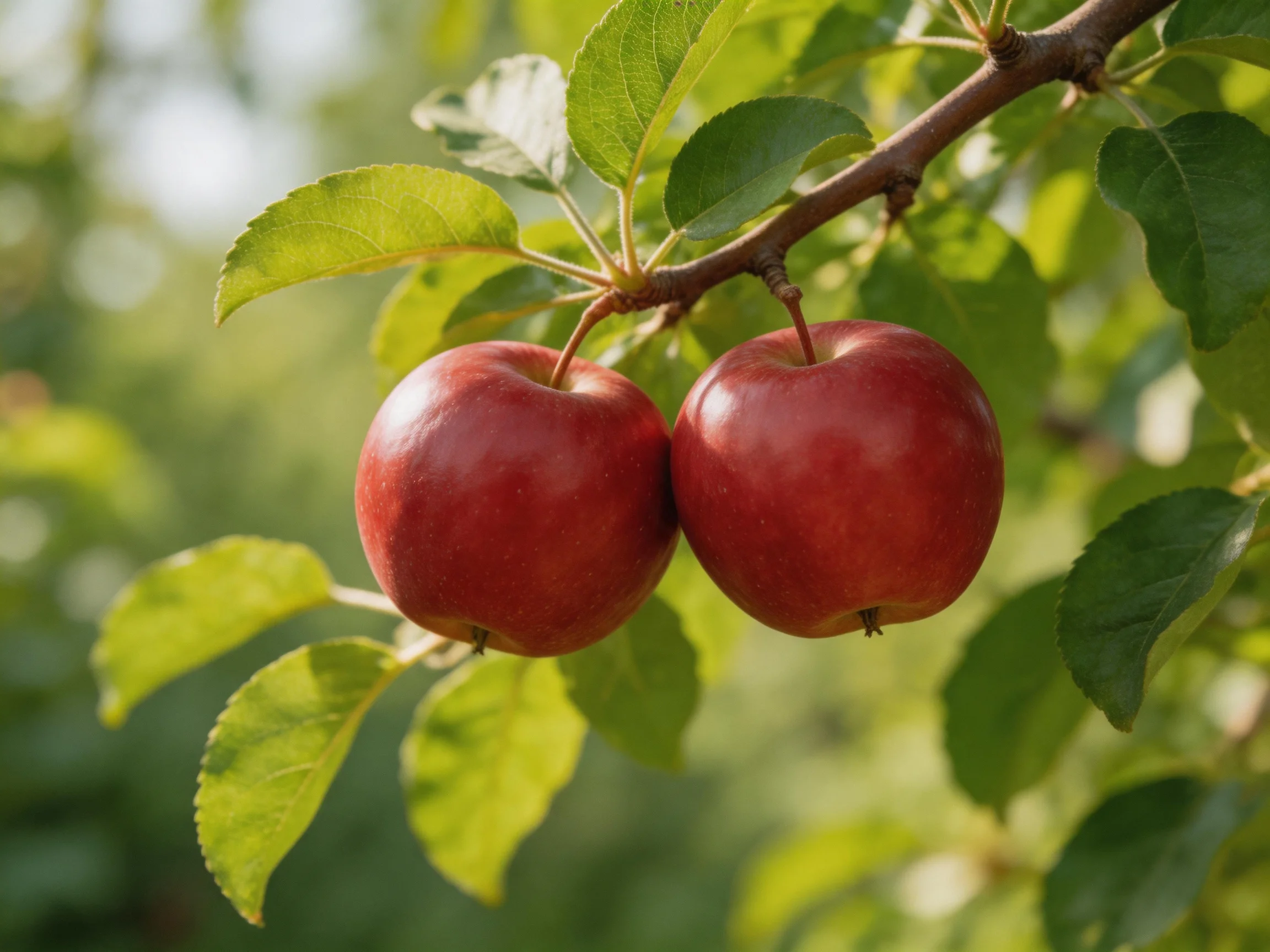 Two glossy red apples hang from a tree branch amid green leaves.