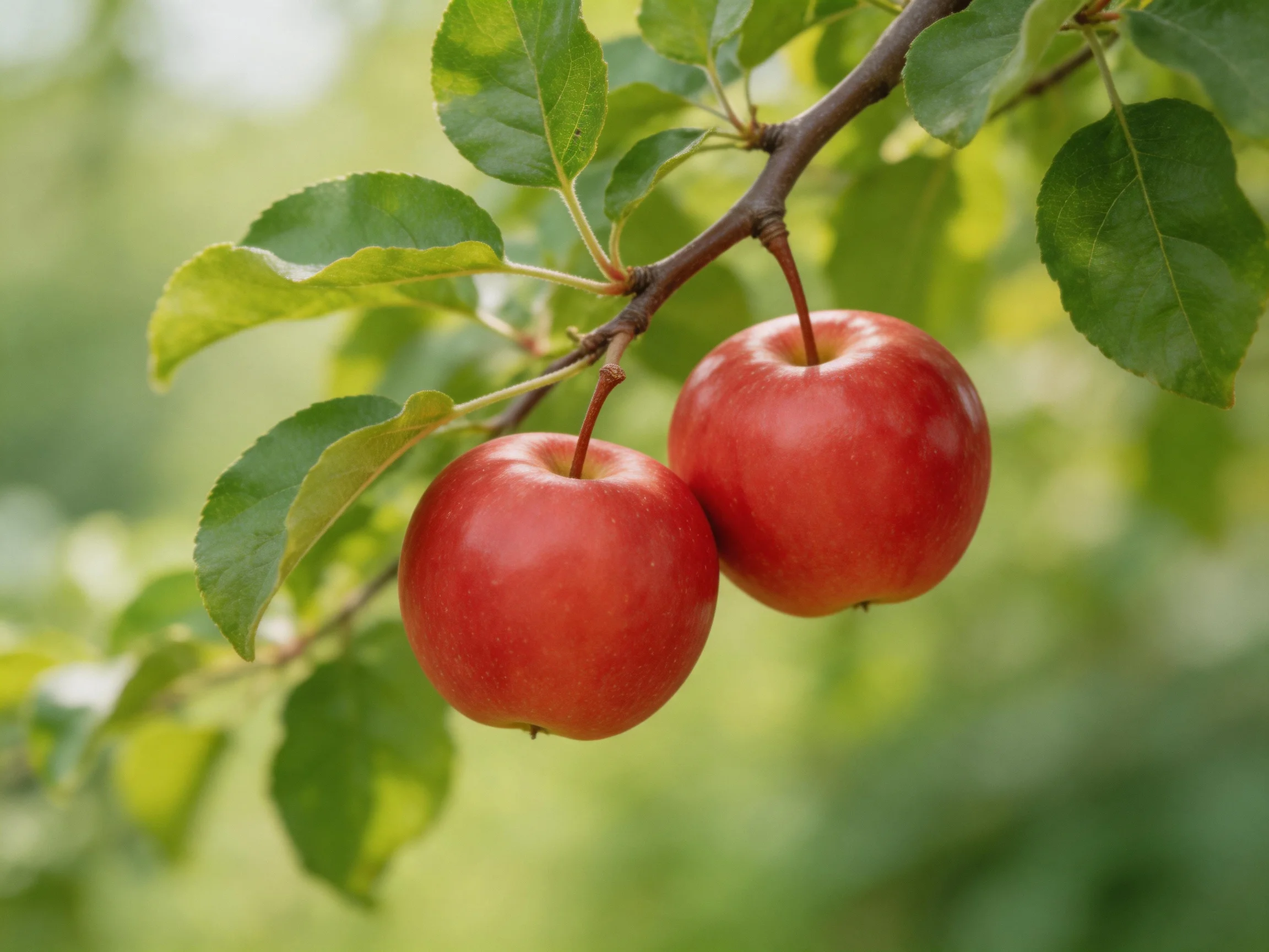 Two glossy red apples hang from a tree branch amid lush green foliage