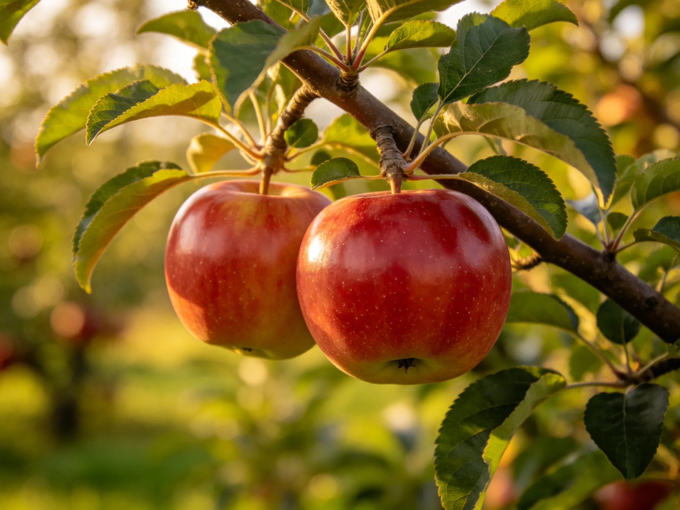 Two glossy red apples hang from a tree branch with green leaves