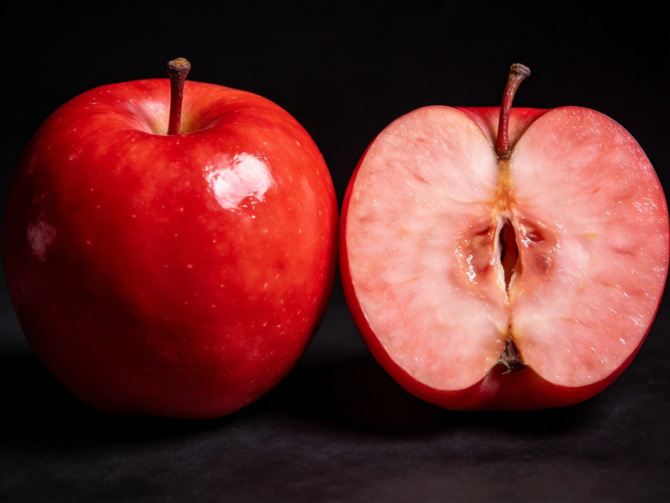 Two glossy red apples, one whole and one sliced open