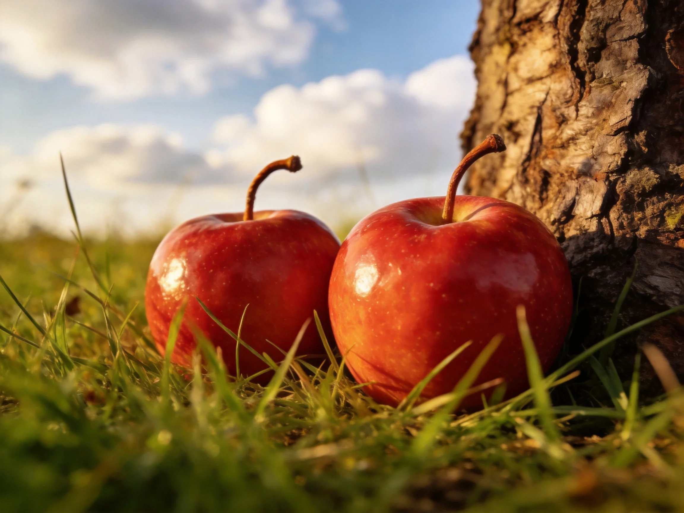 Two glossy red apples rest beside a tree trunk on green grass