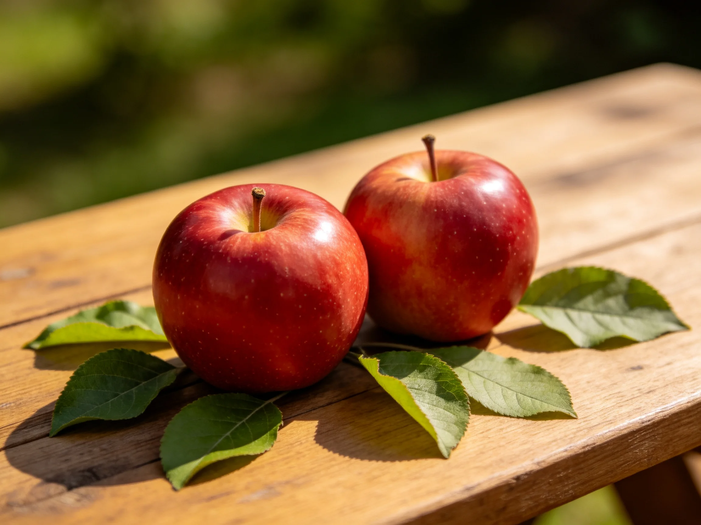 Two glossy red apples rest on a wooden surface with green leaves