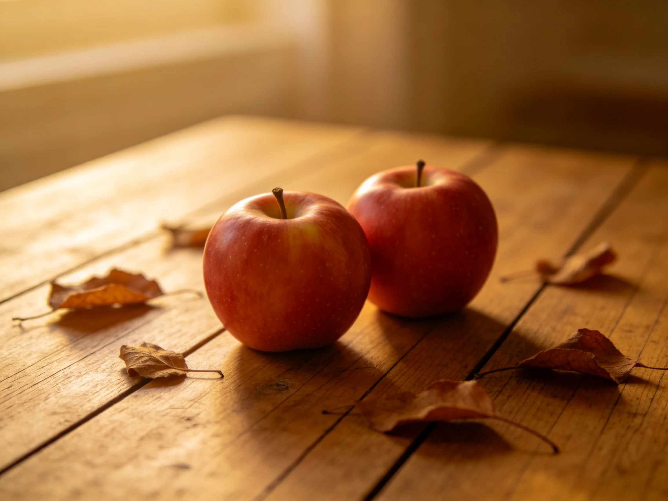 Two glossy red apples rest on a wooden table amid scattered brown leaves