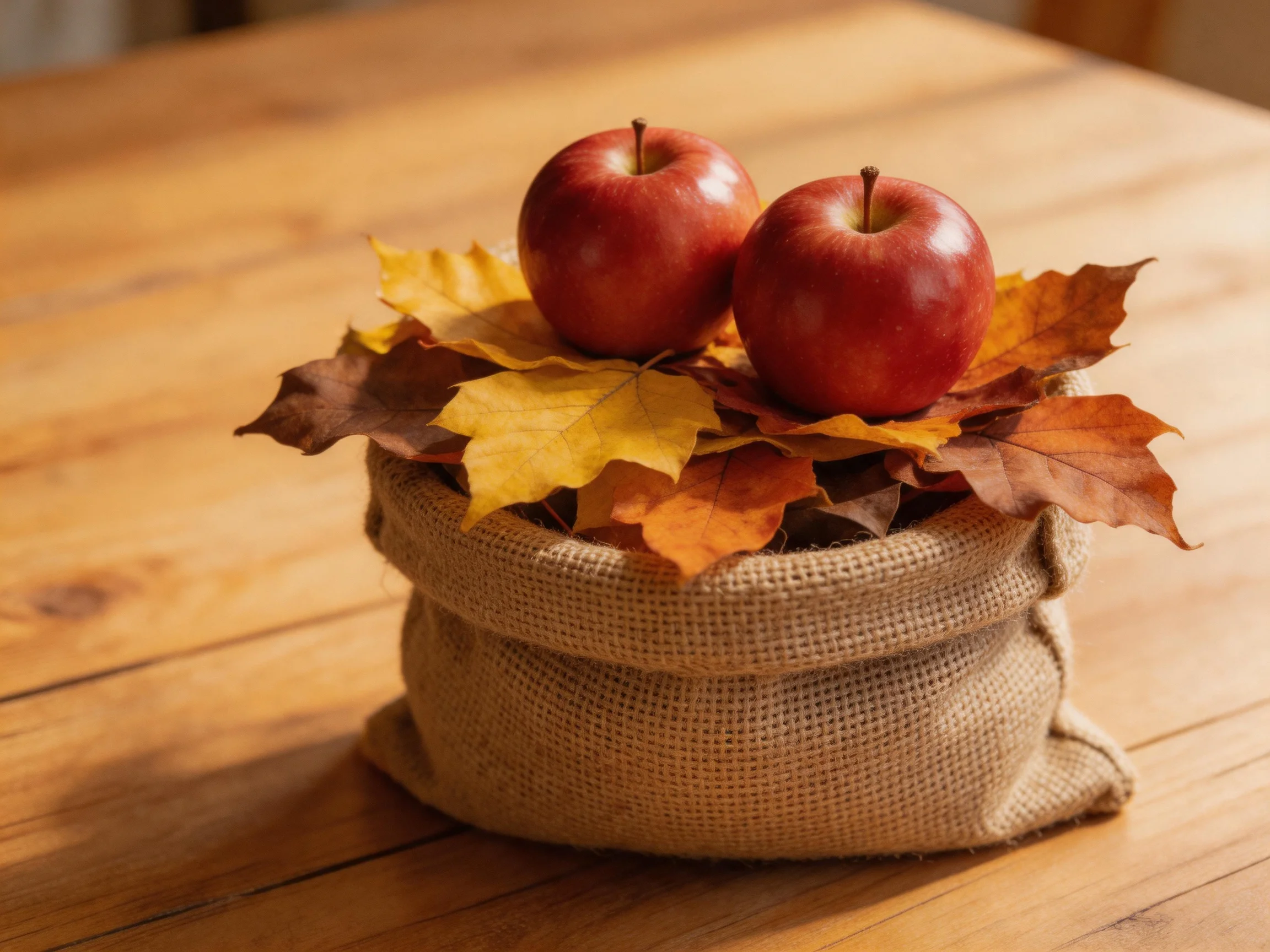 Two glossy red apples sit on vibrant fall leaves in a burlap sack