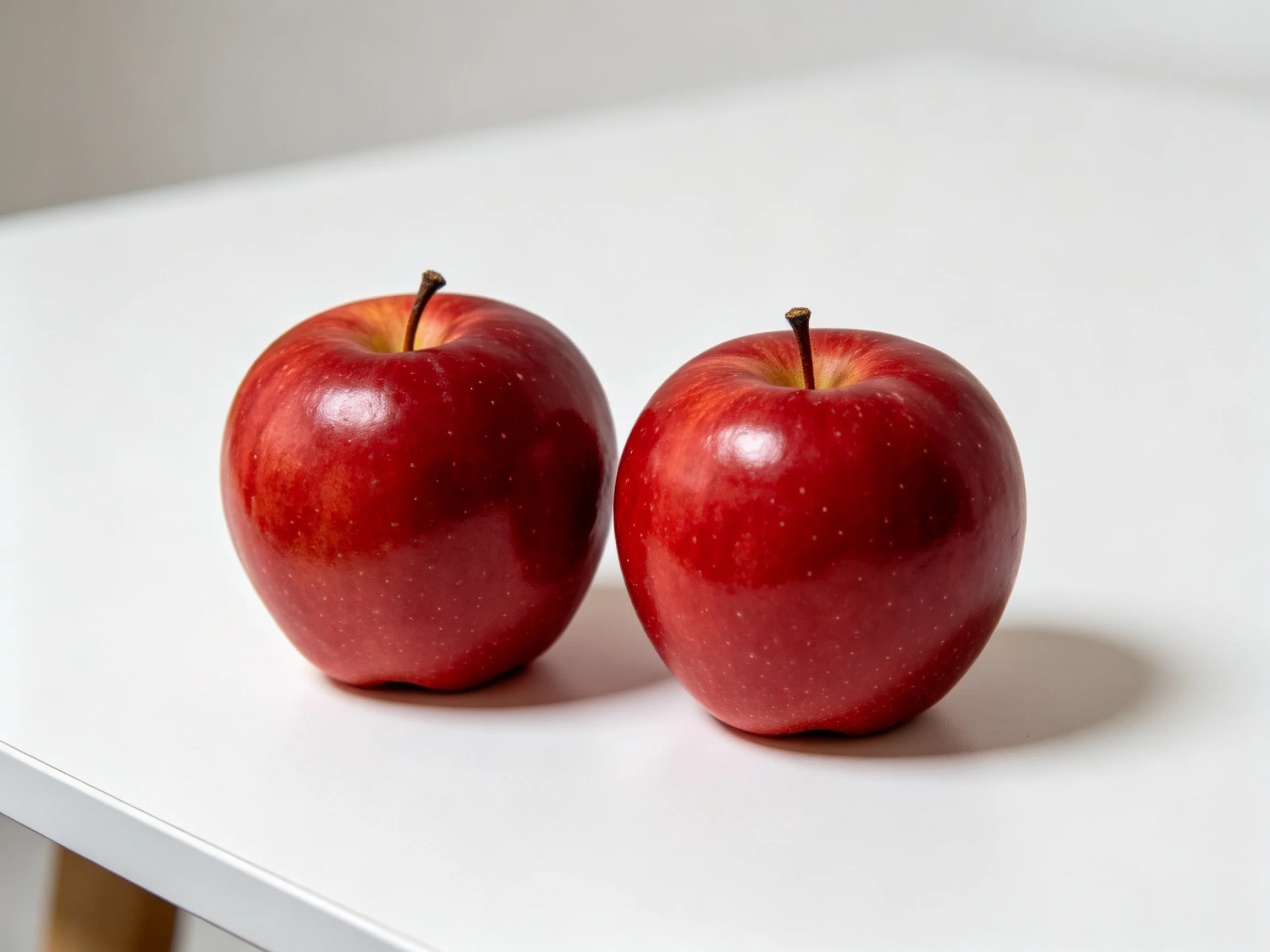 Two glossy red apples sit side by side on a white surface