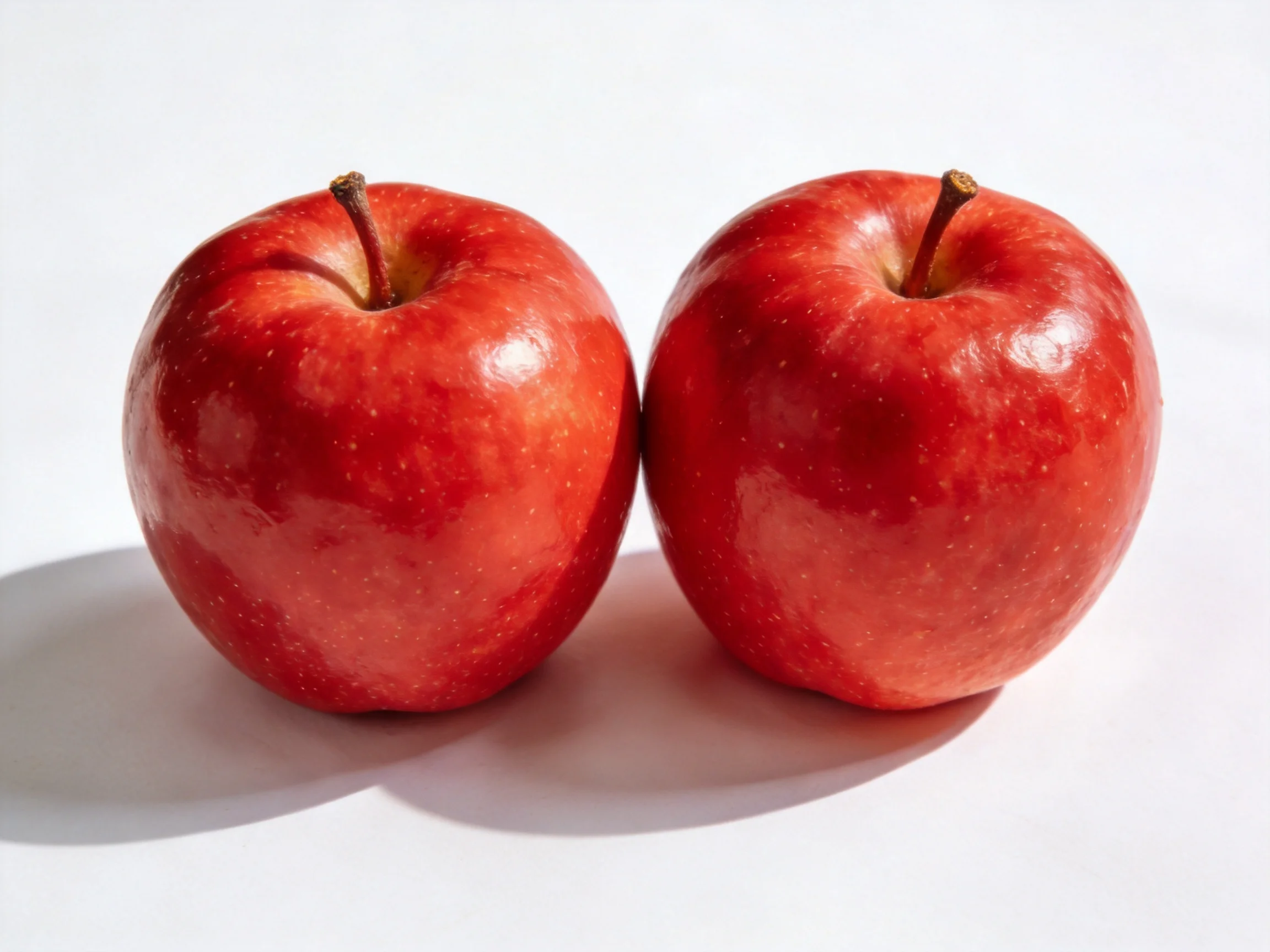 Two glossy red apples sit side by side on a white surface