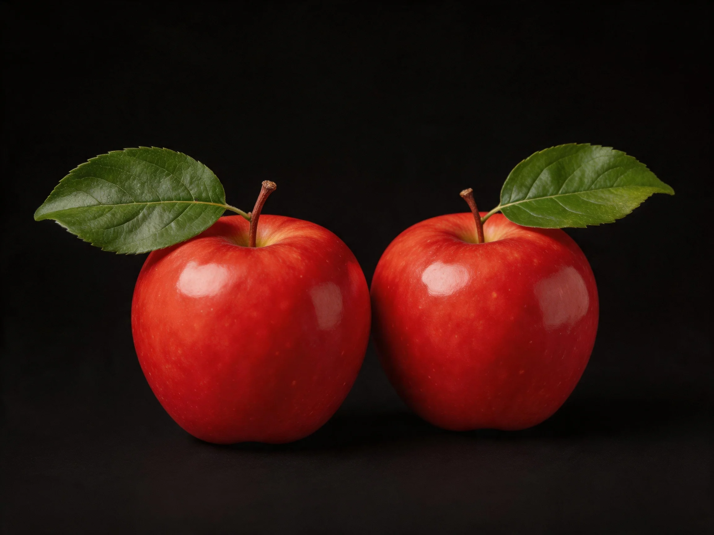 Two glossy red apples with fresh green leaves on a black surface