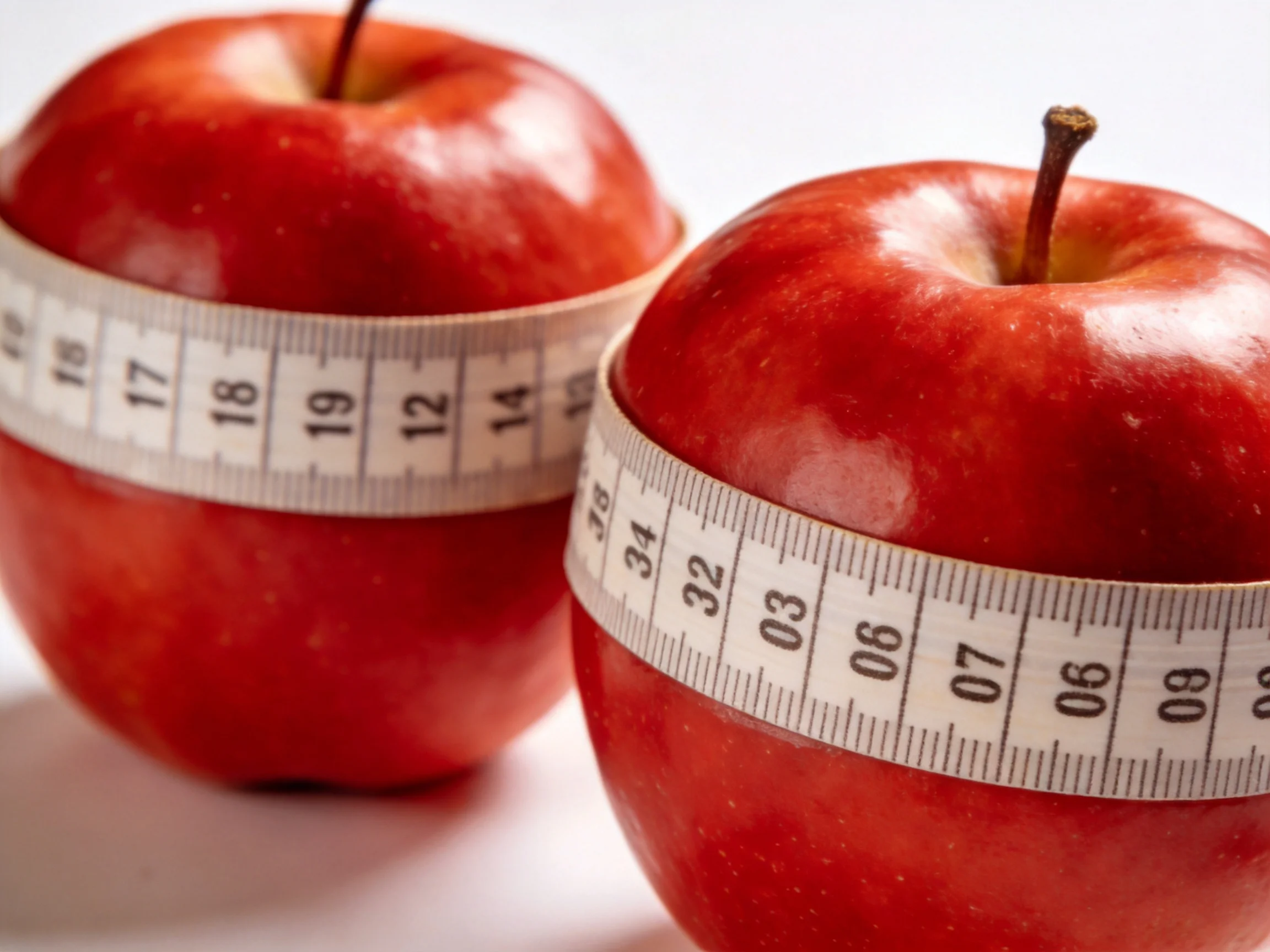 Two glossy red apples with measuring tapes wrapped around them