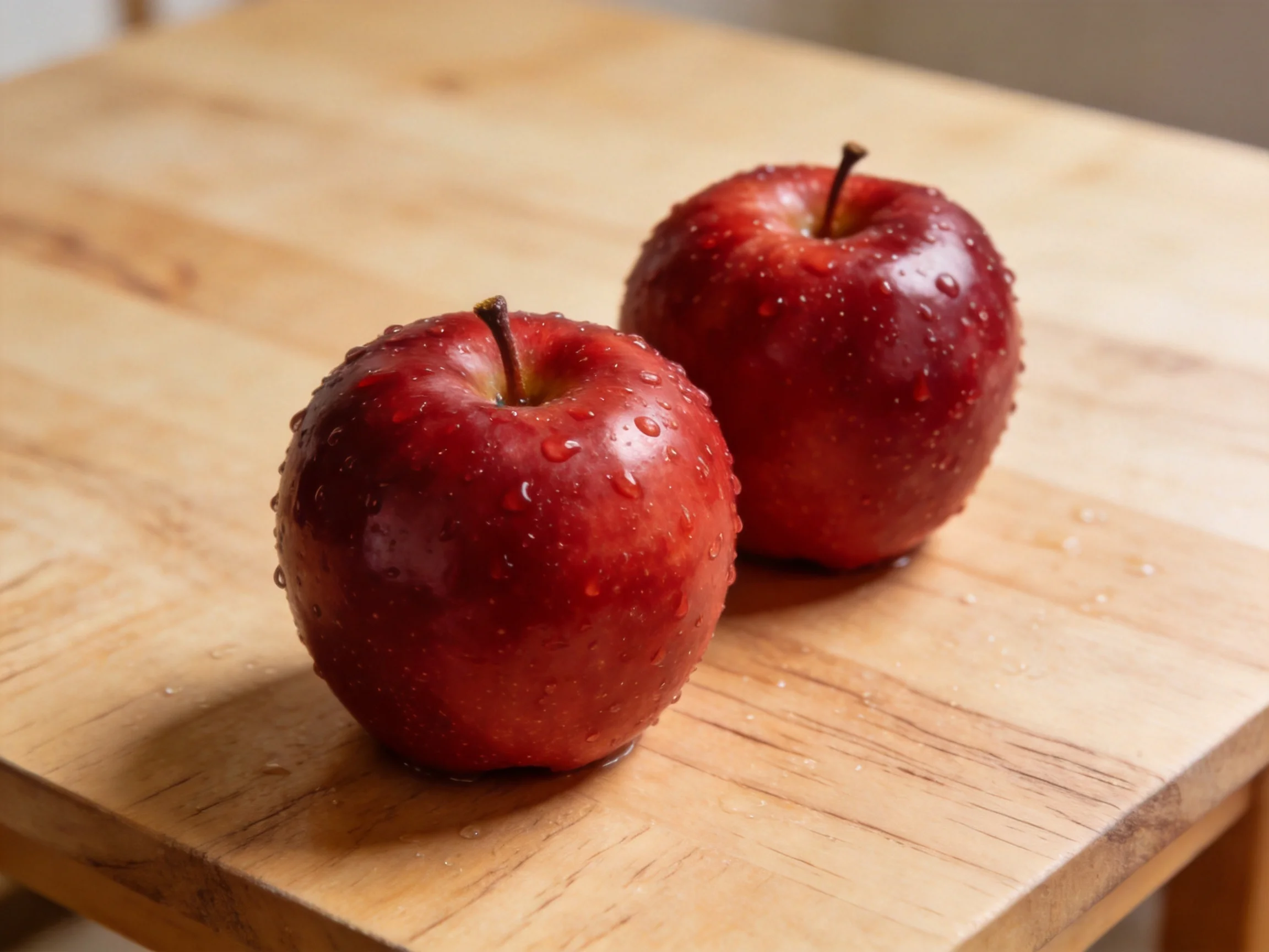 Two glossy red apples with water droplets sit on a wooden surface