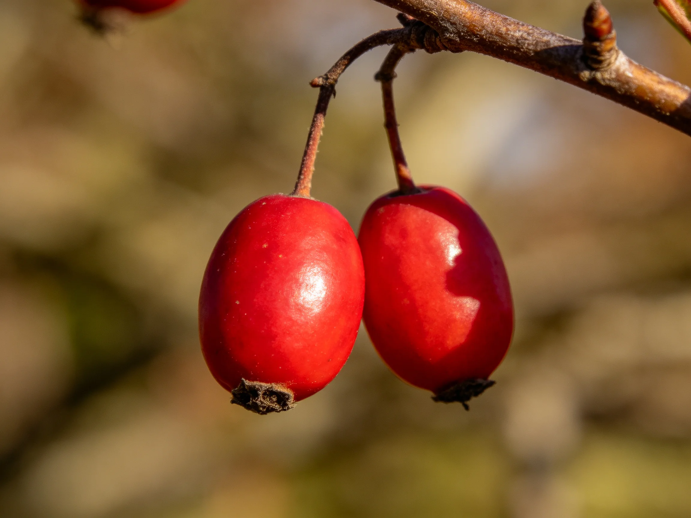 Two glossy red berries dangle from a brown tree branch