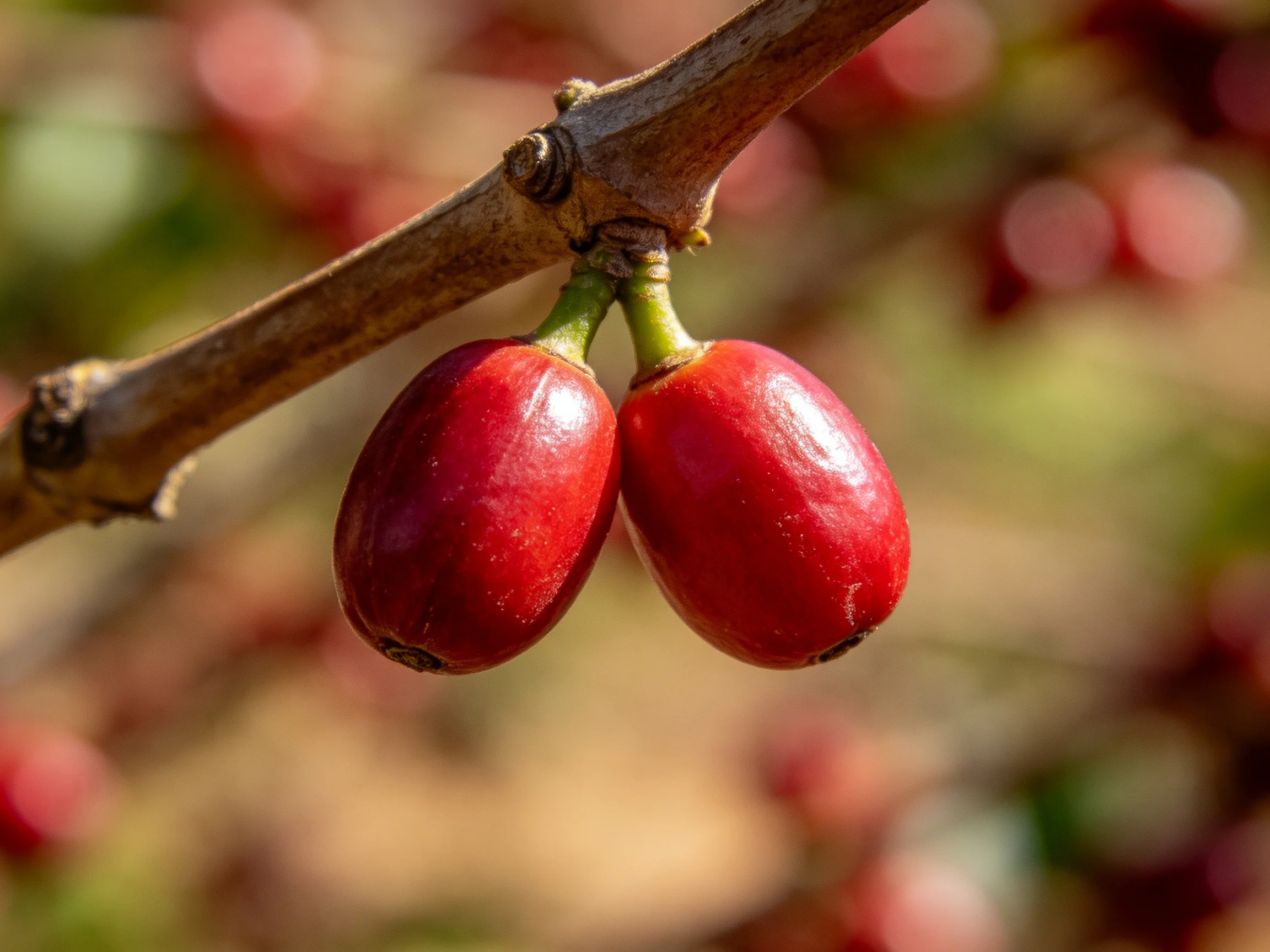 Two glossy red berries hang from a brown tree branch