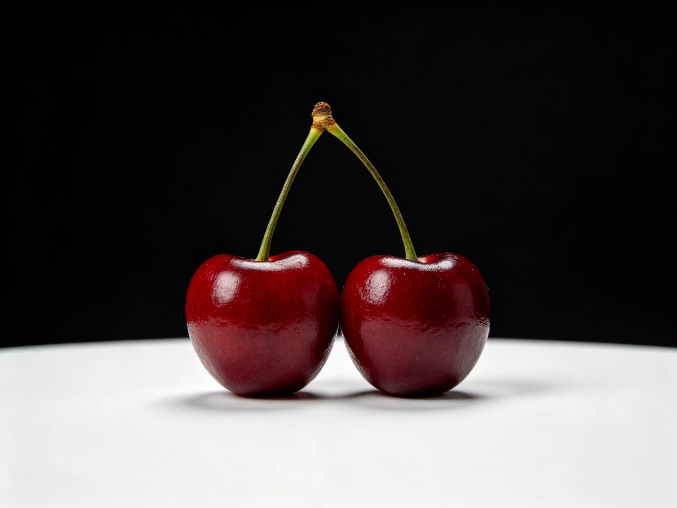 Two glossy red cherries connected by stems on a white surface