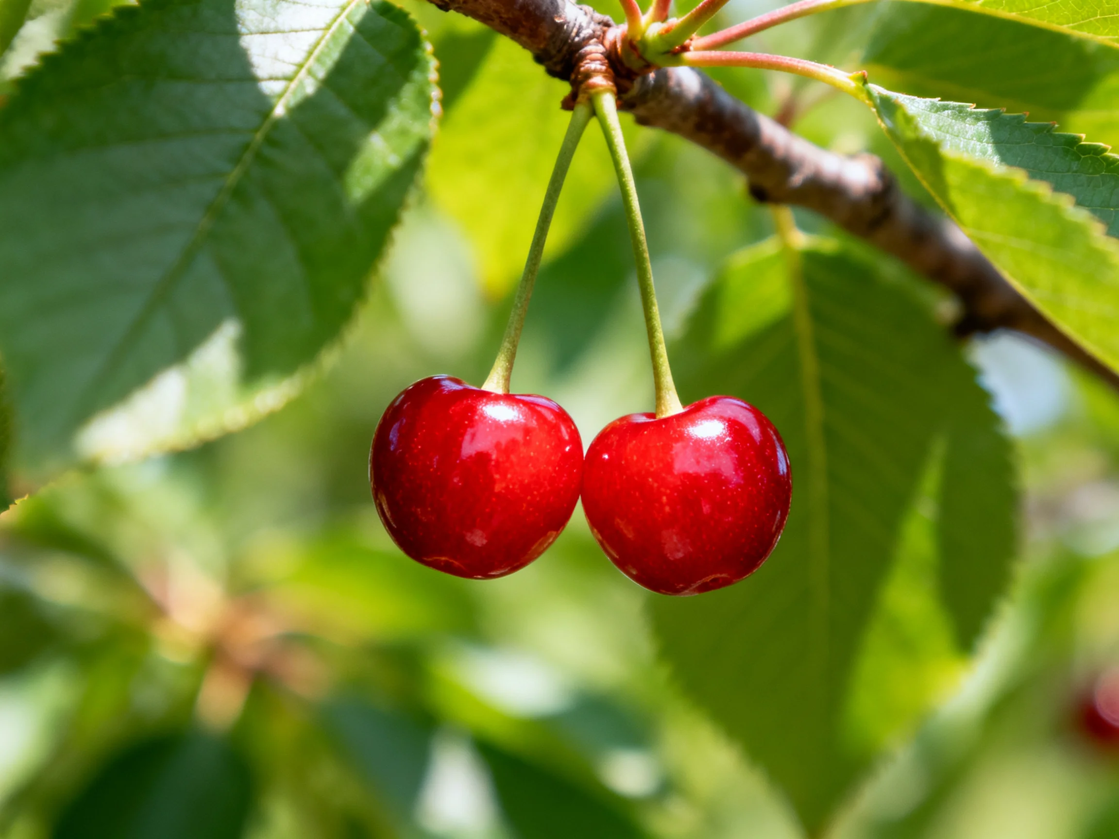 Two glossy red cherries hang from a branch amid green foliage
