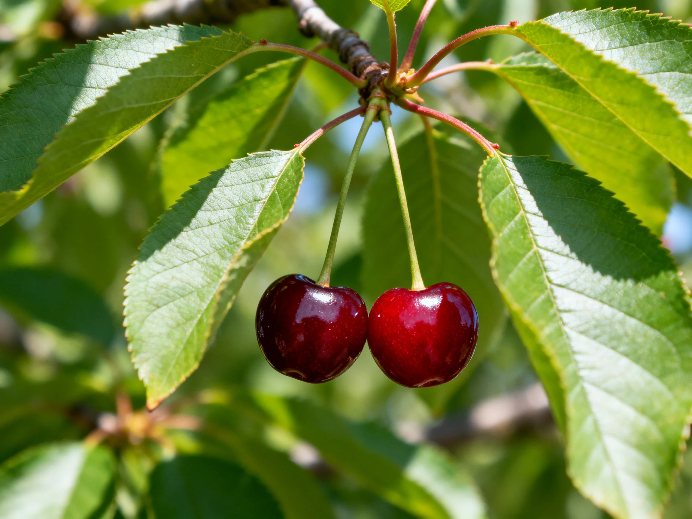 Two glossy red cherries hang from a branch amid vibrant green leaves