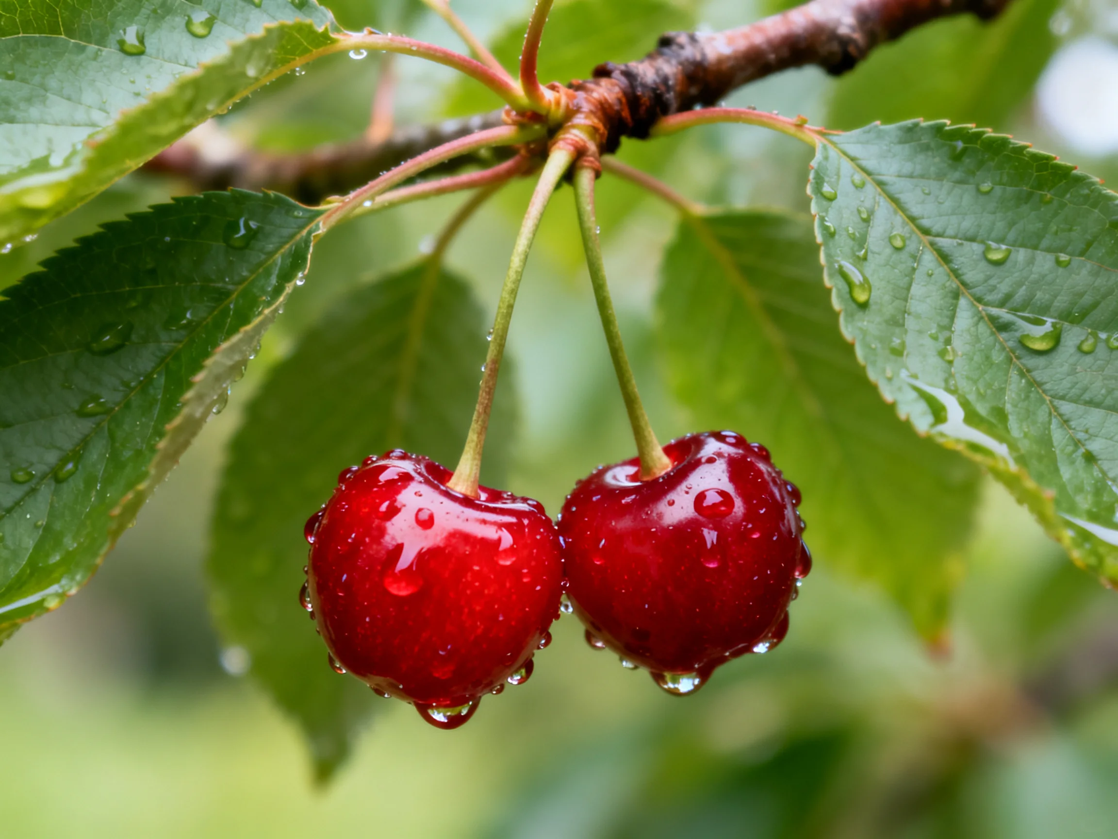 Two glossy red cherries hang from a branch with dewy green leaves
