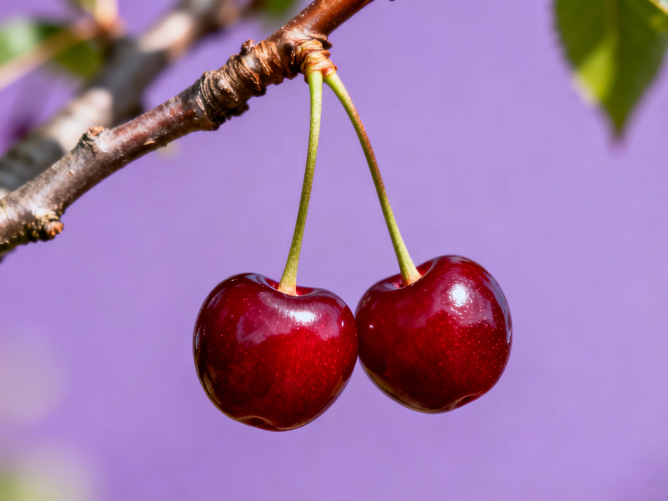 Two glossy red cherries hang from a brown tree branch