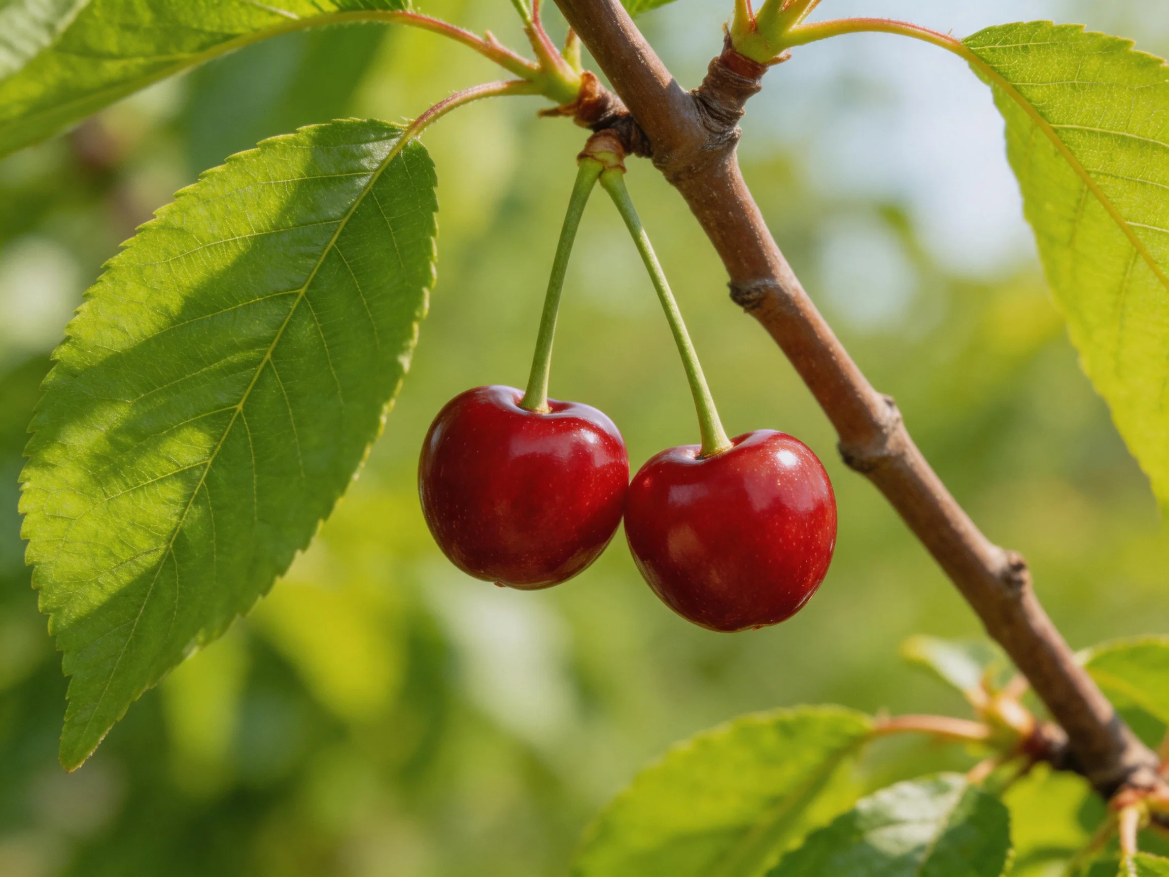Two glossy red cherries hang from a brown tree branch amid vibrant green leaves
