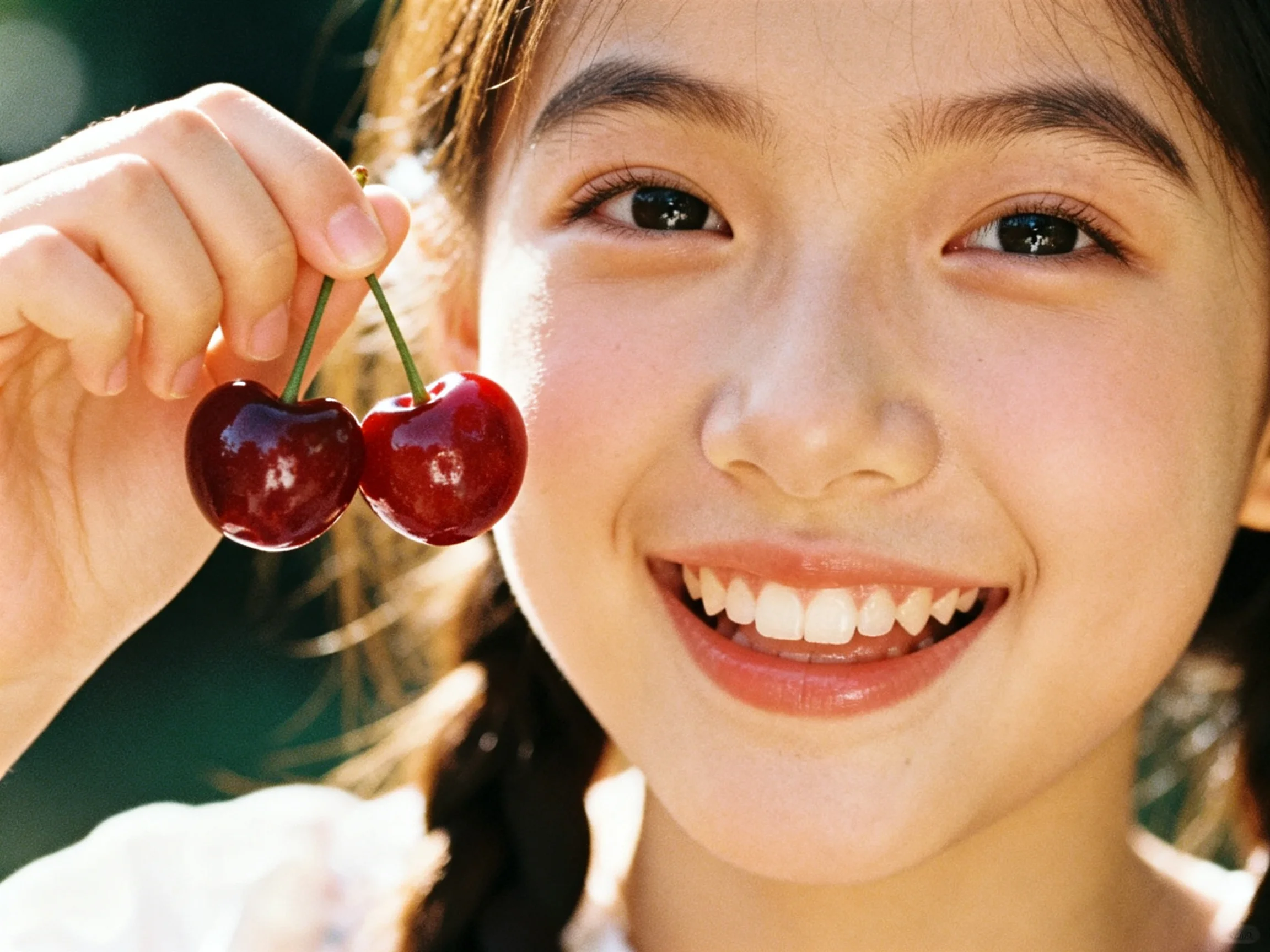 Two glossy red cherries held near a smiling girls face