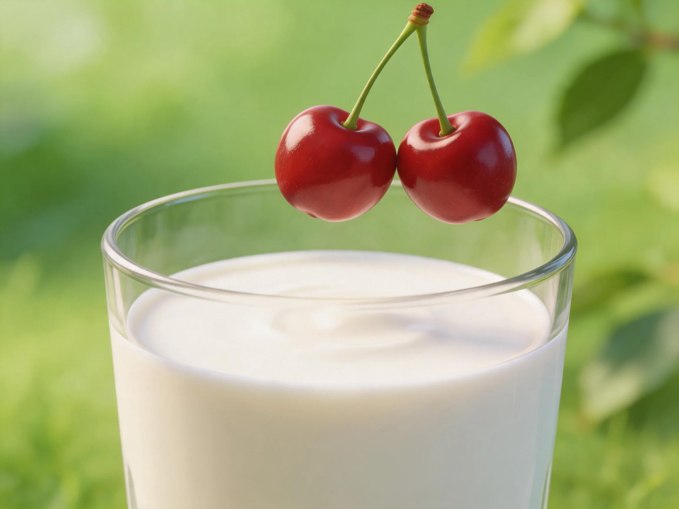 Two glossy red cherries rest above a glass of creamy white milk in a green setting.