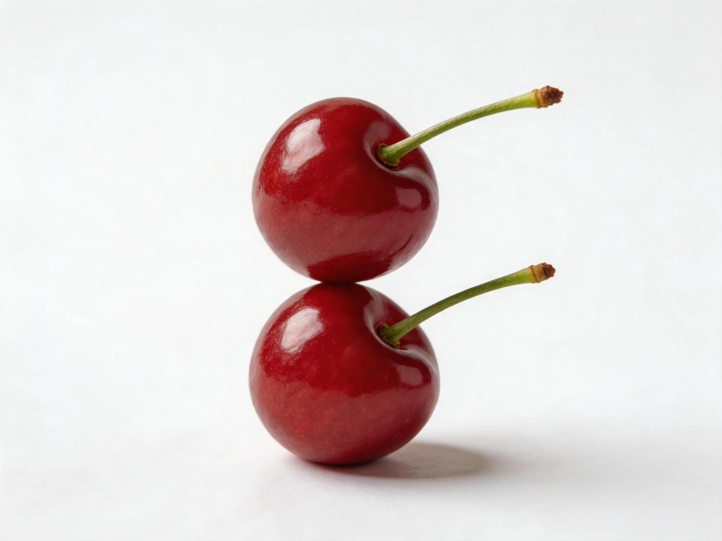 Two glossy red cherries stacked vertically on a plain white background