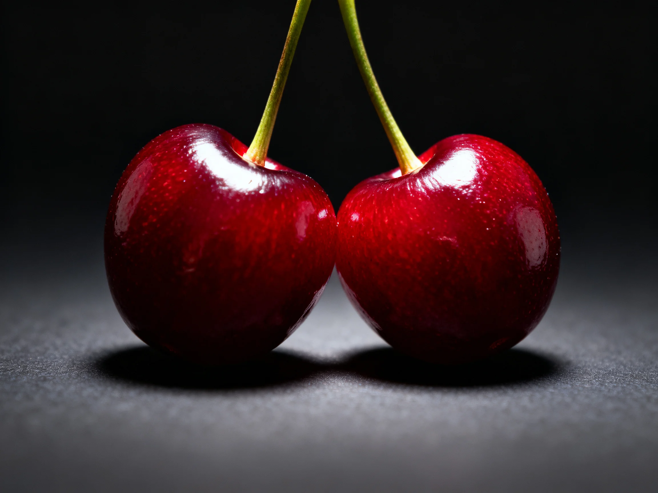Two glossy red cherries with green stems against a dark backdrop