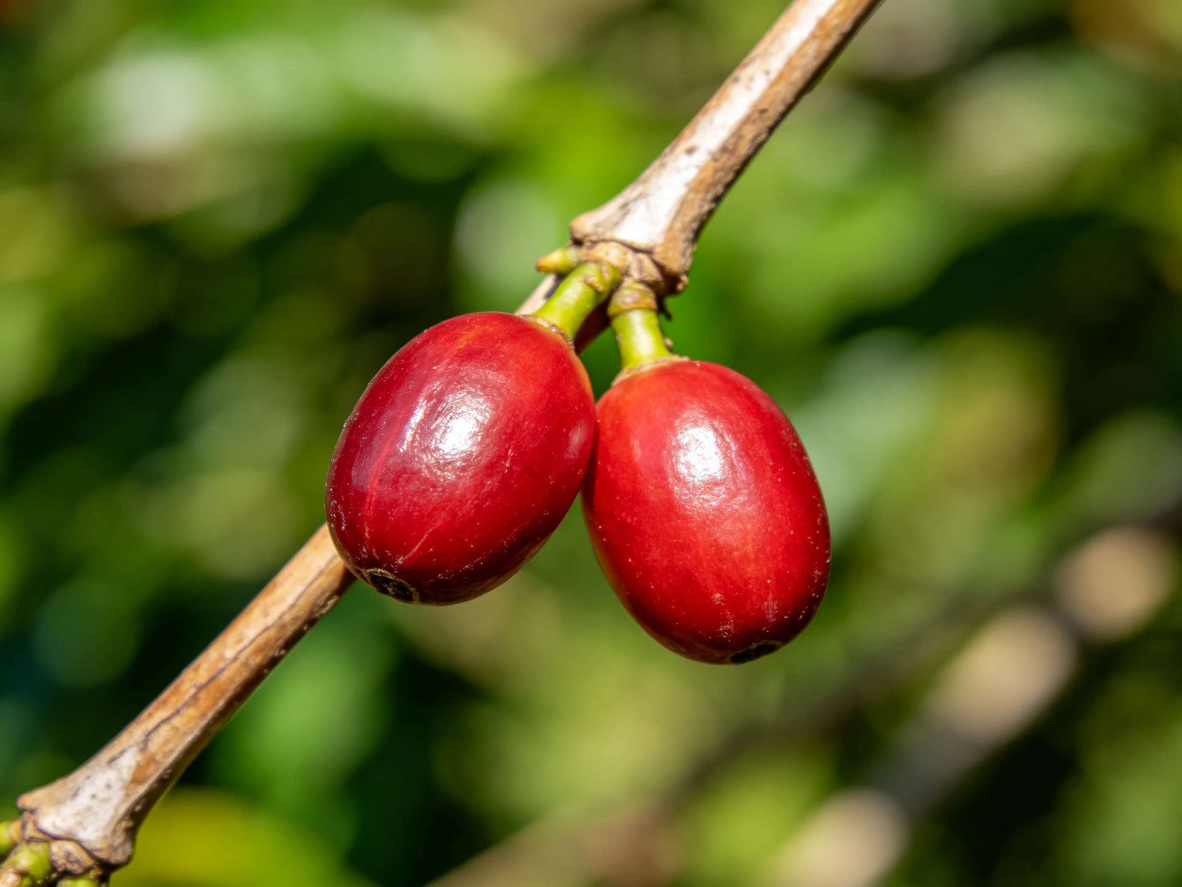 Two glossy red coffee cherries hang from a brown branch
