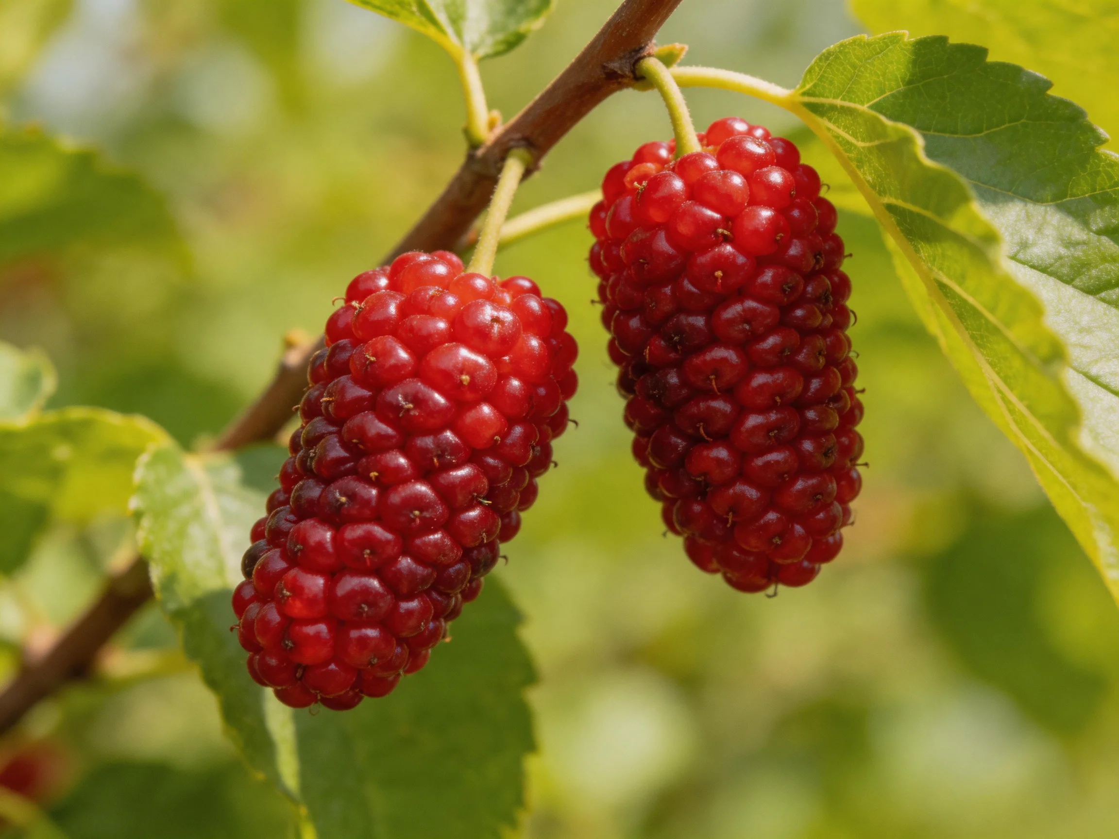 Two glossy red mulberry clusters hang from a branch with green leaves