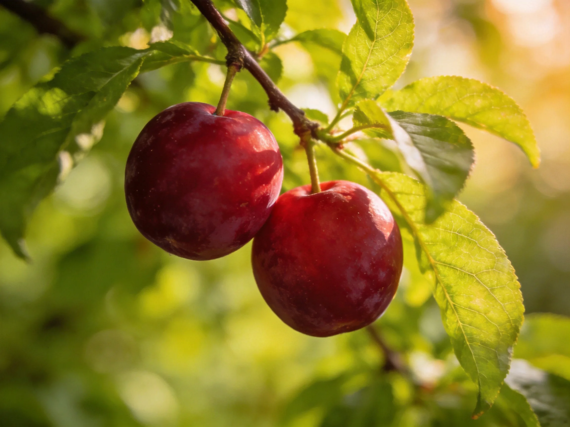 Two glossy red plums hang from a branch amid green foliage