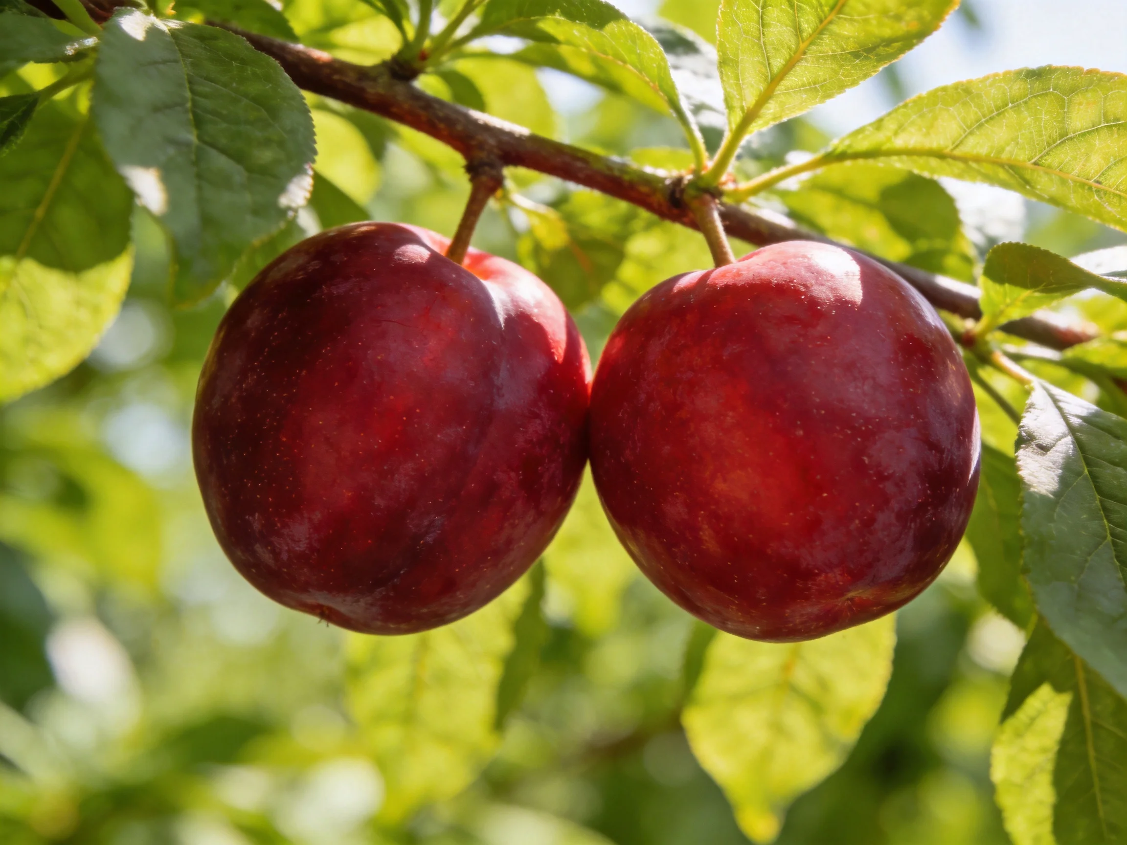 Two glossy red plums hang from a branch amid lush green foliage
