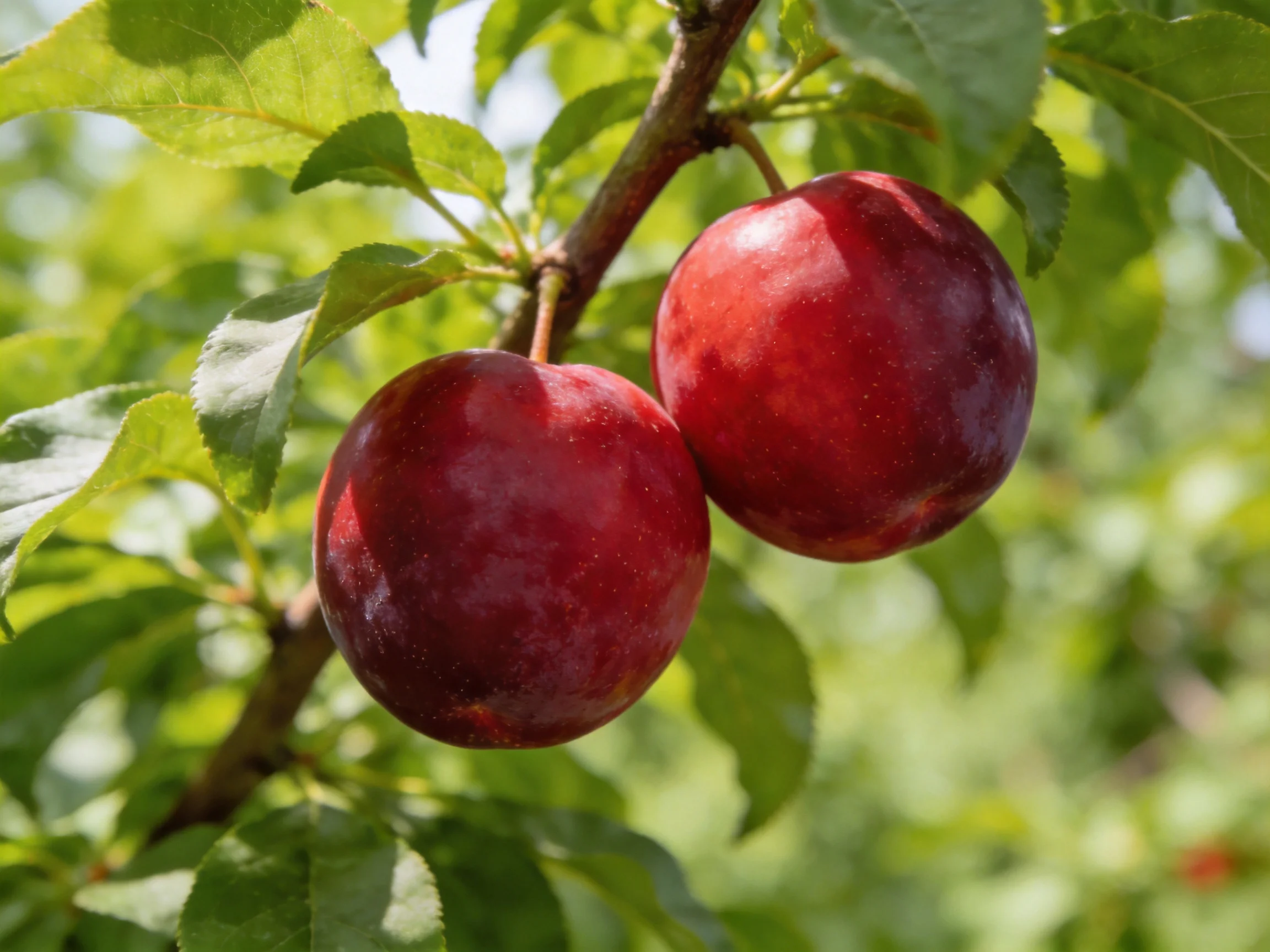 Two glossy red plums hang from a tree branch amid lush green foliage