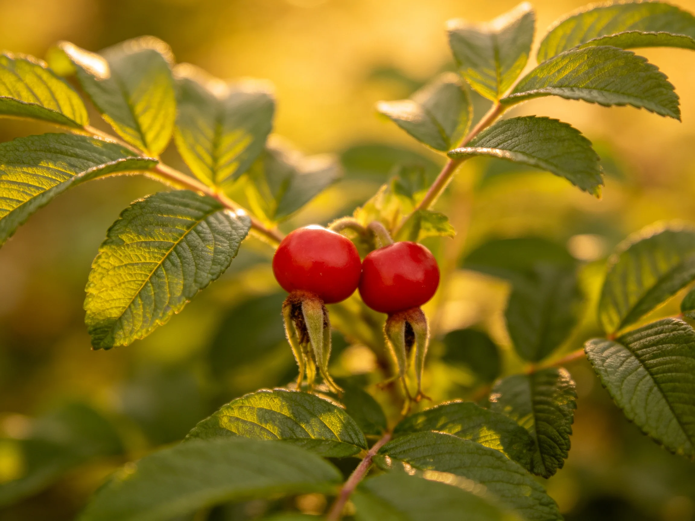 Two glossy red rose hips among textured green leaves in golden light