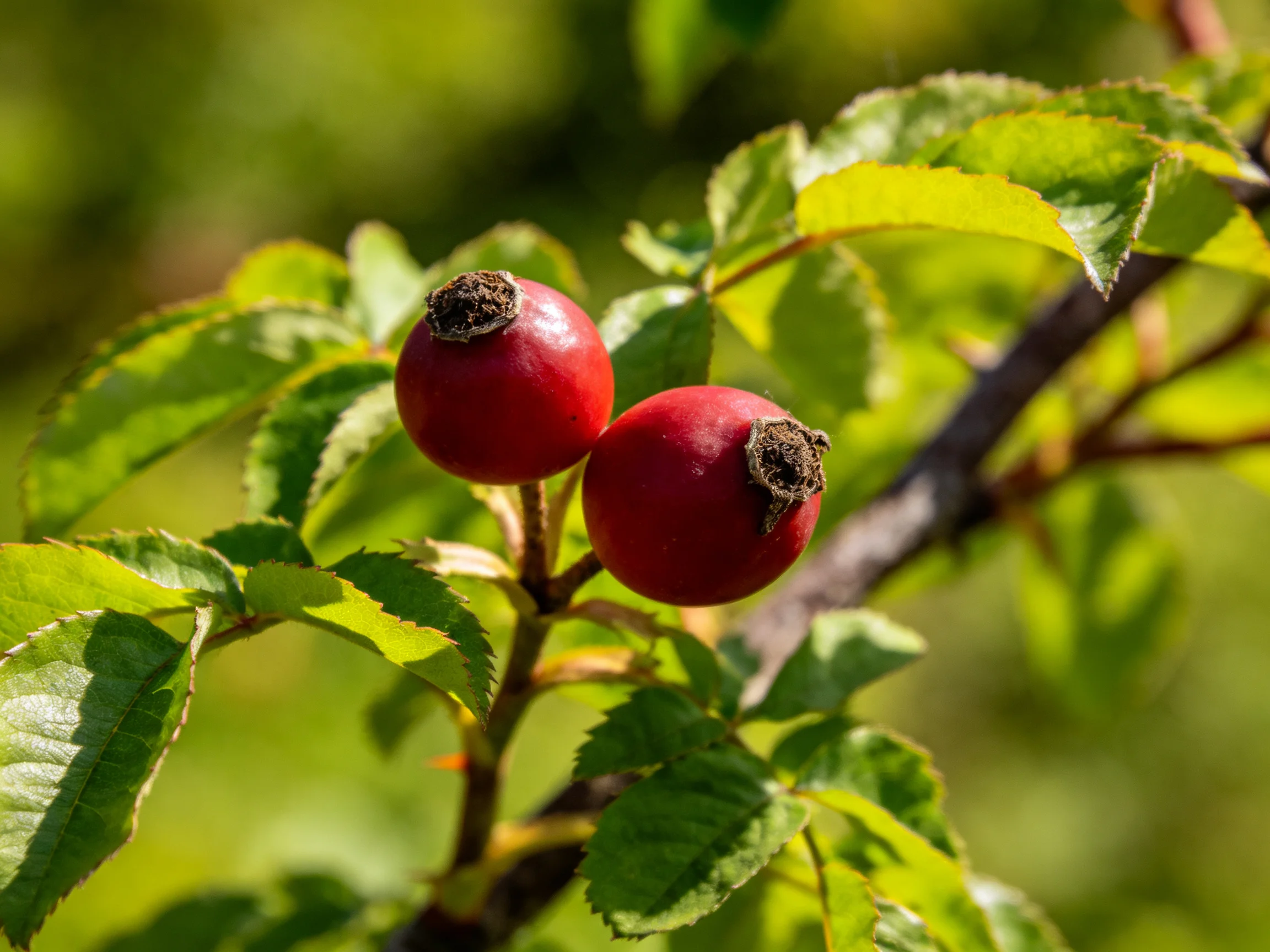 Two glossy red rose hips on a leafy branch