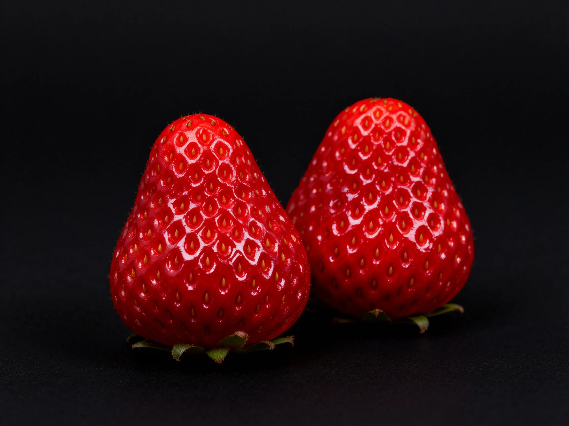 Two glossy red strawberries displayed against a dark backdrop