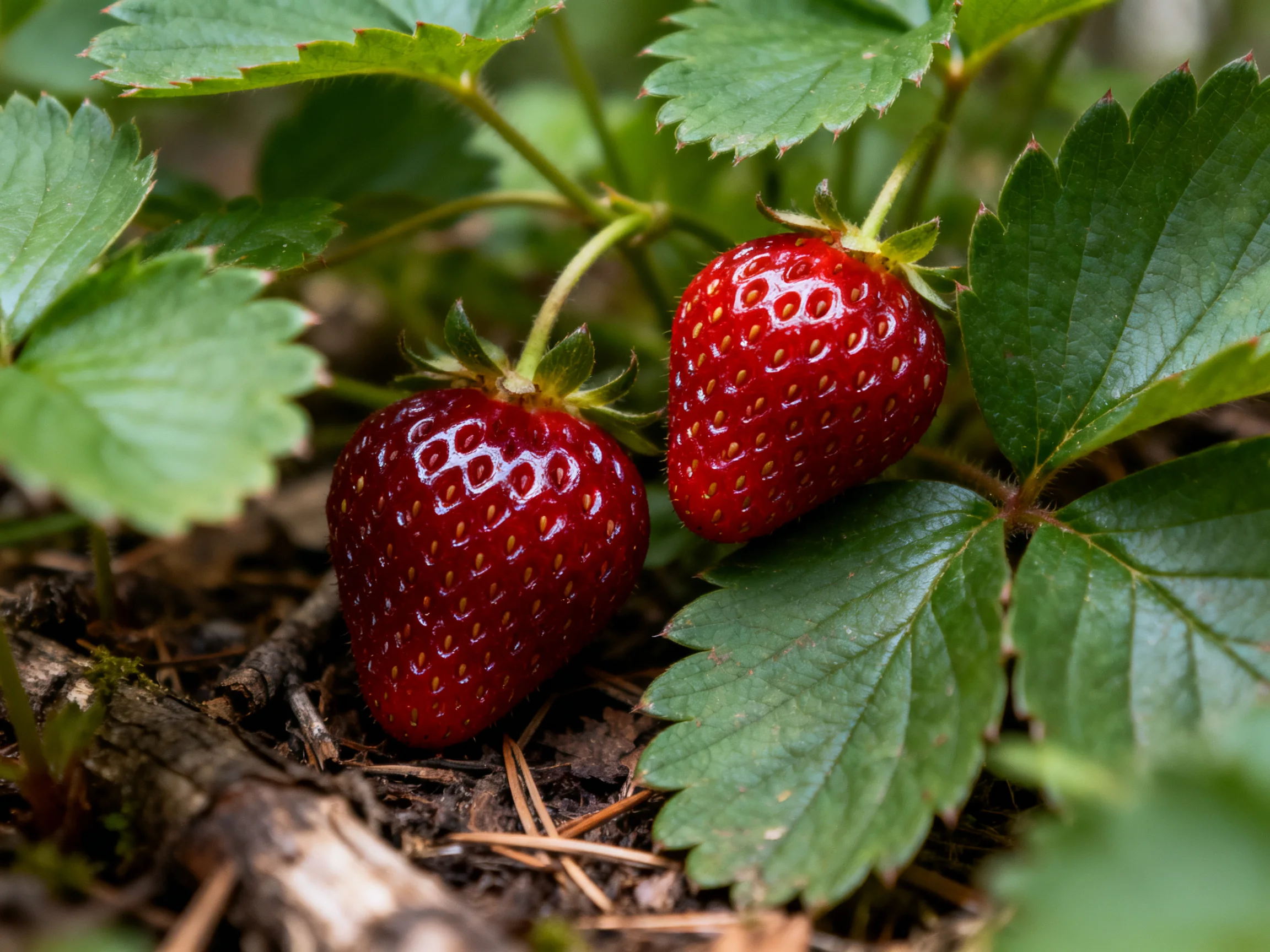 Two glossy red strawberries nestled among green leaves near forest debris