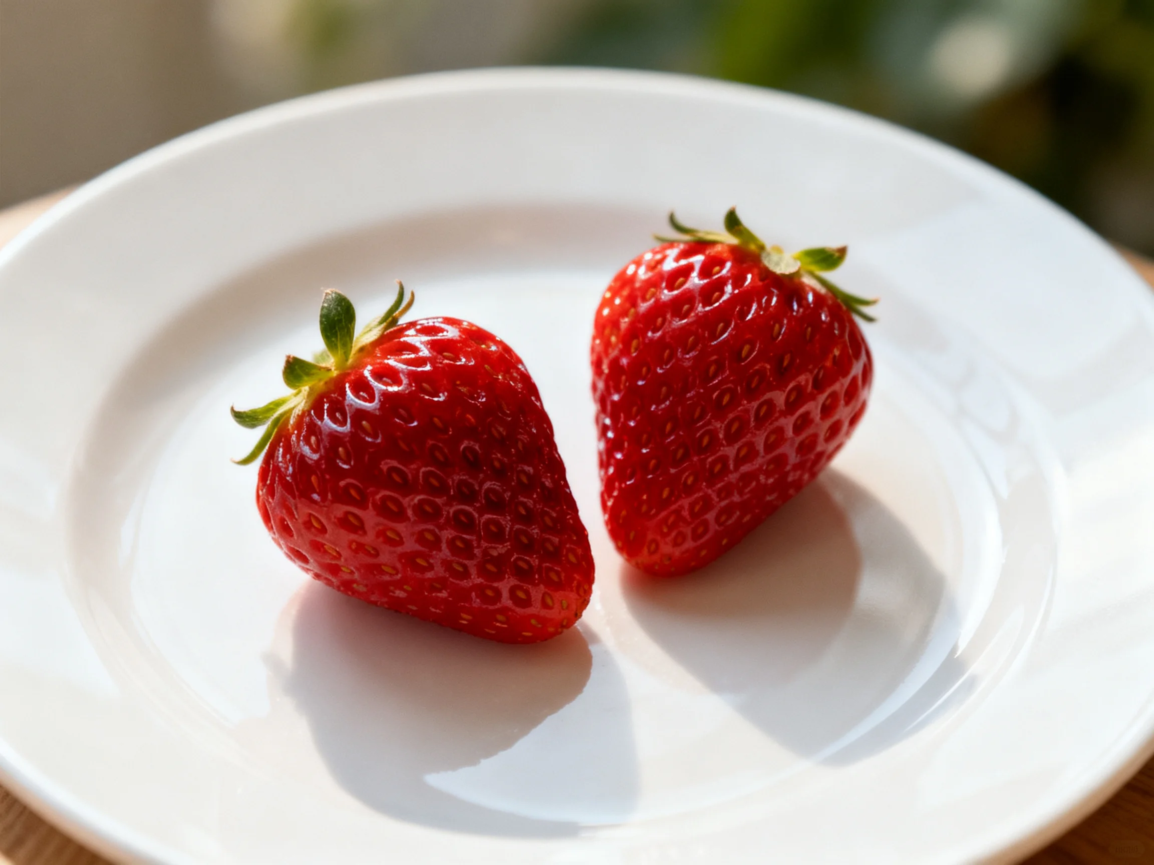 Two glossy red strawberries rest on a pristine white plate
