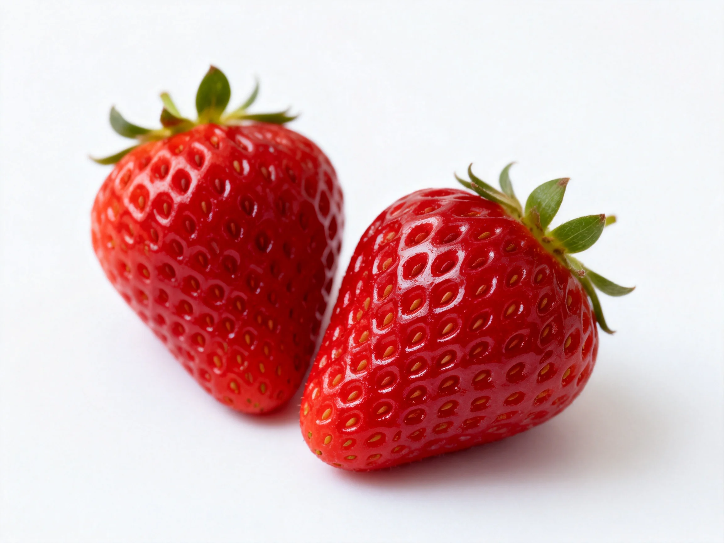 Two glossy red strawberries with green leafy crowns