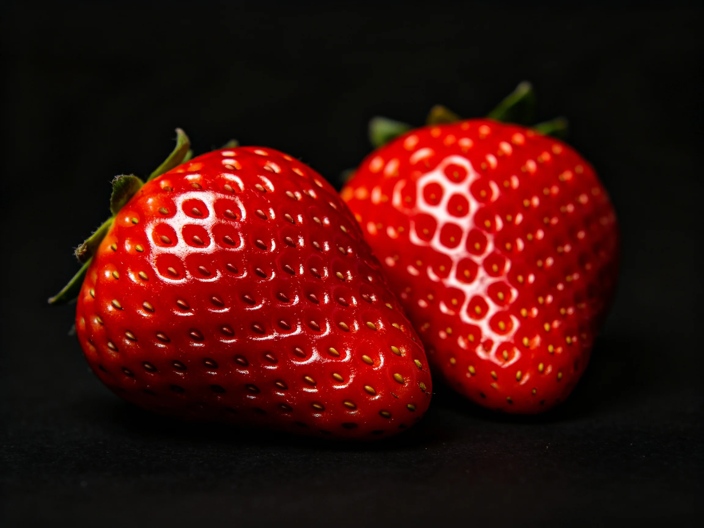 Two glossy red strawberries with green stems against a black backdrop