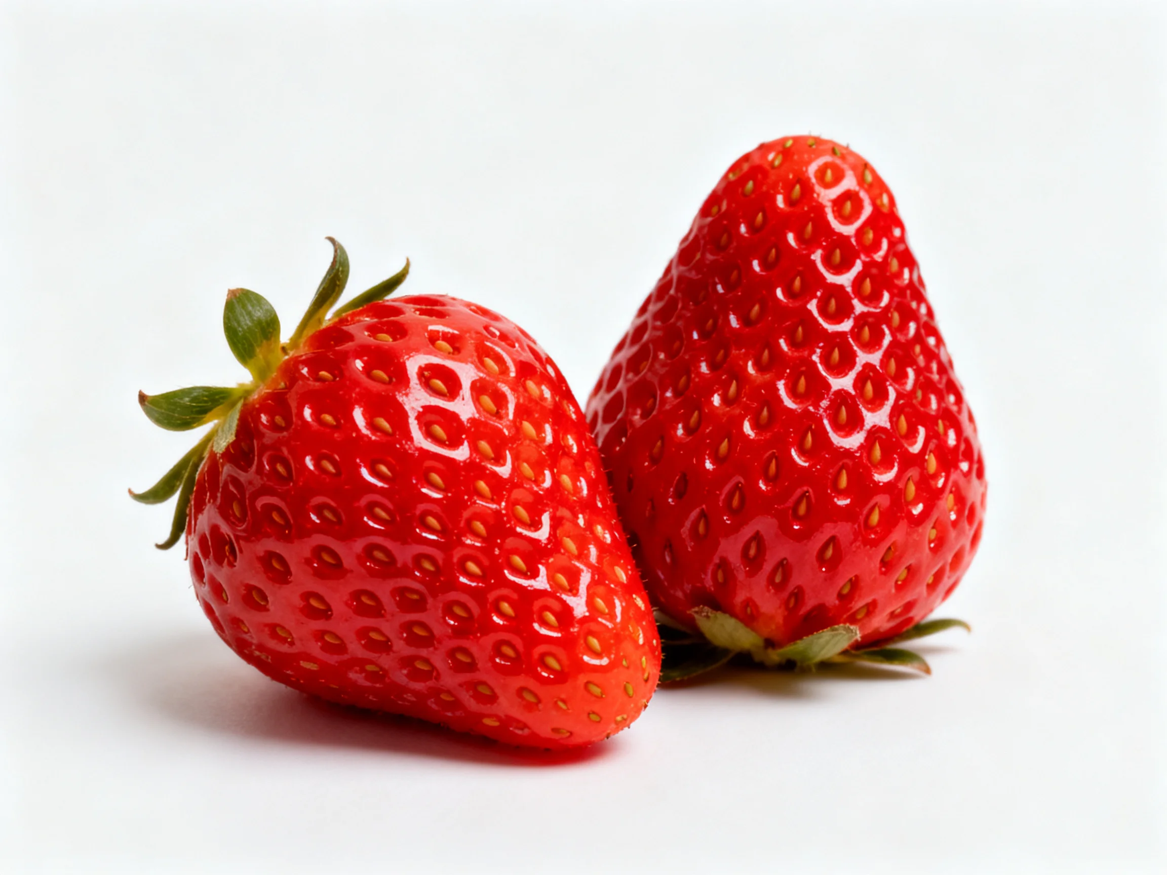 Two glossy red strawberries with green stems on a white backdrop
