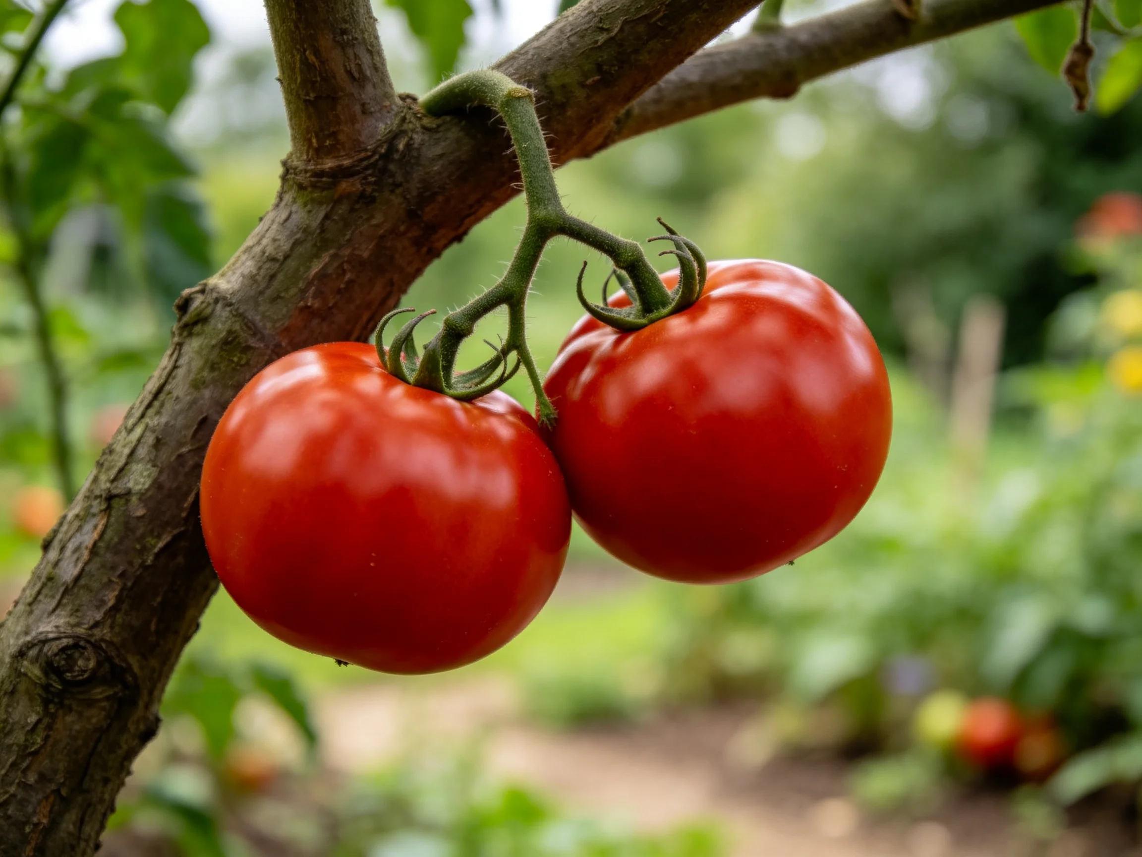 Two glossy red tomatoes hang from a tree branch in a lush garden