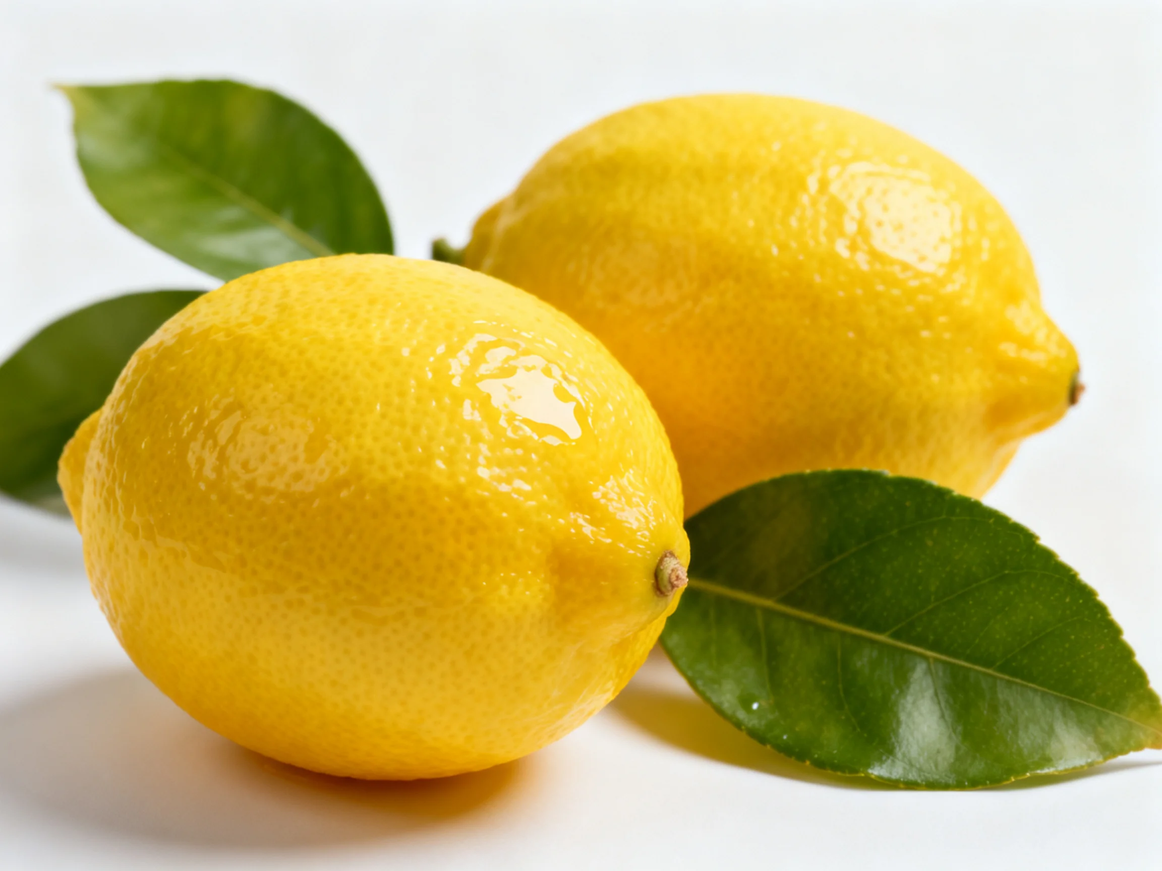 Two glossy yellow lemons with fresh green leaves