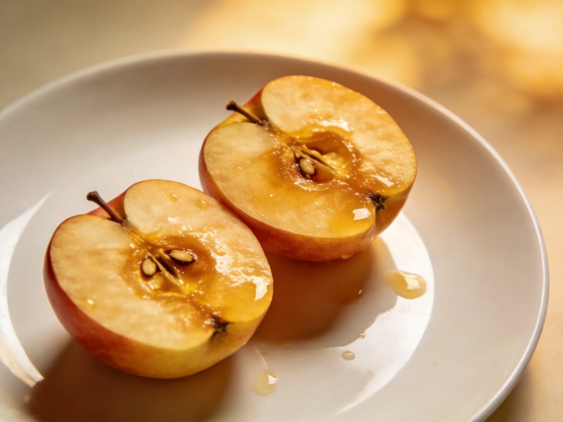Two golden apple halves drizzled with honey on a white plate