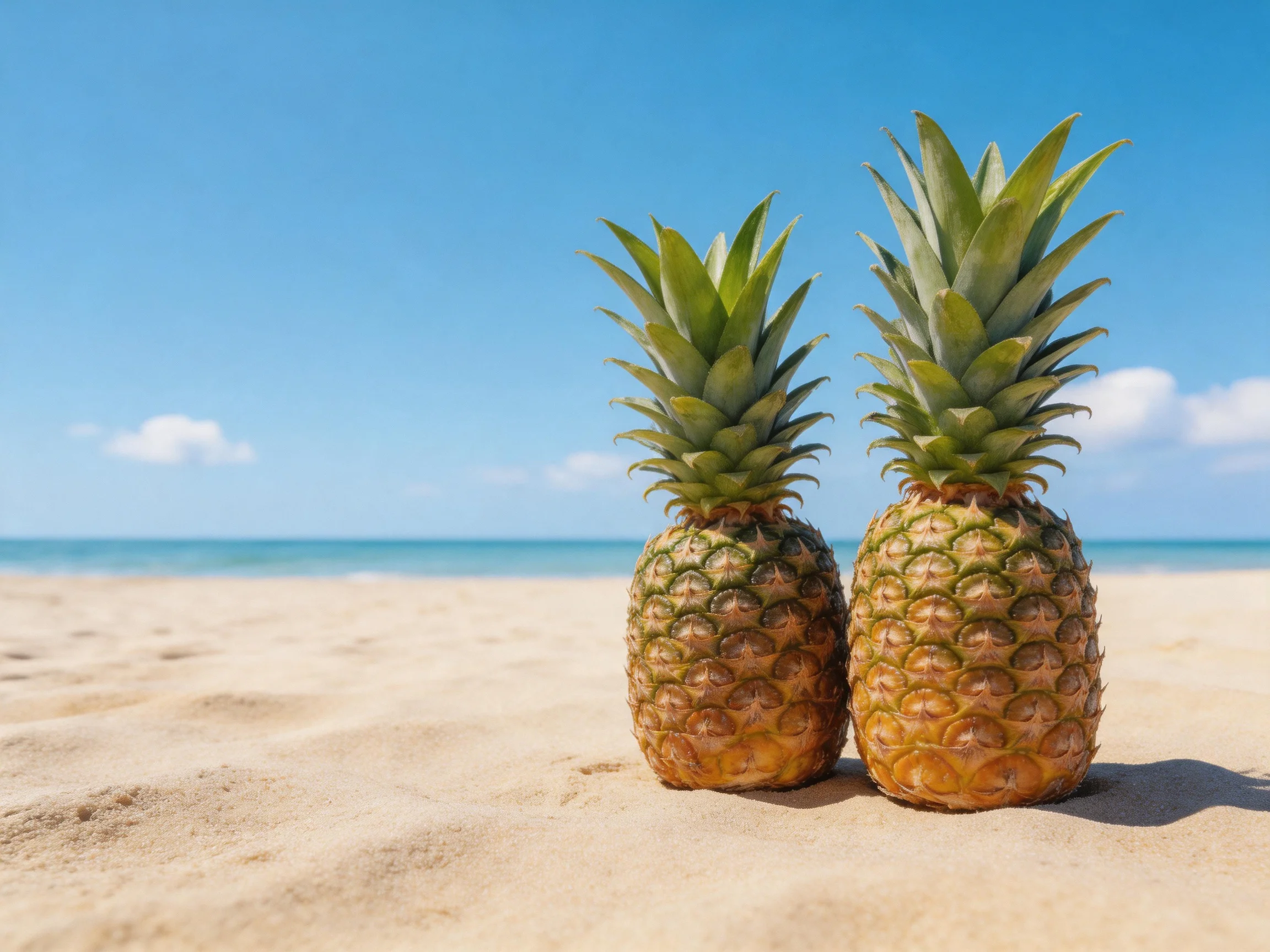 Two golden-brown pineapples sit on a sandy beach with bright blue skies