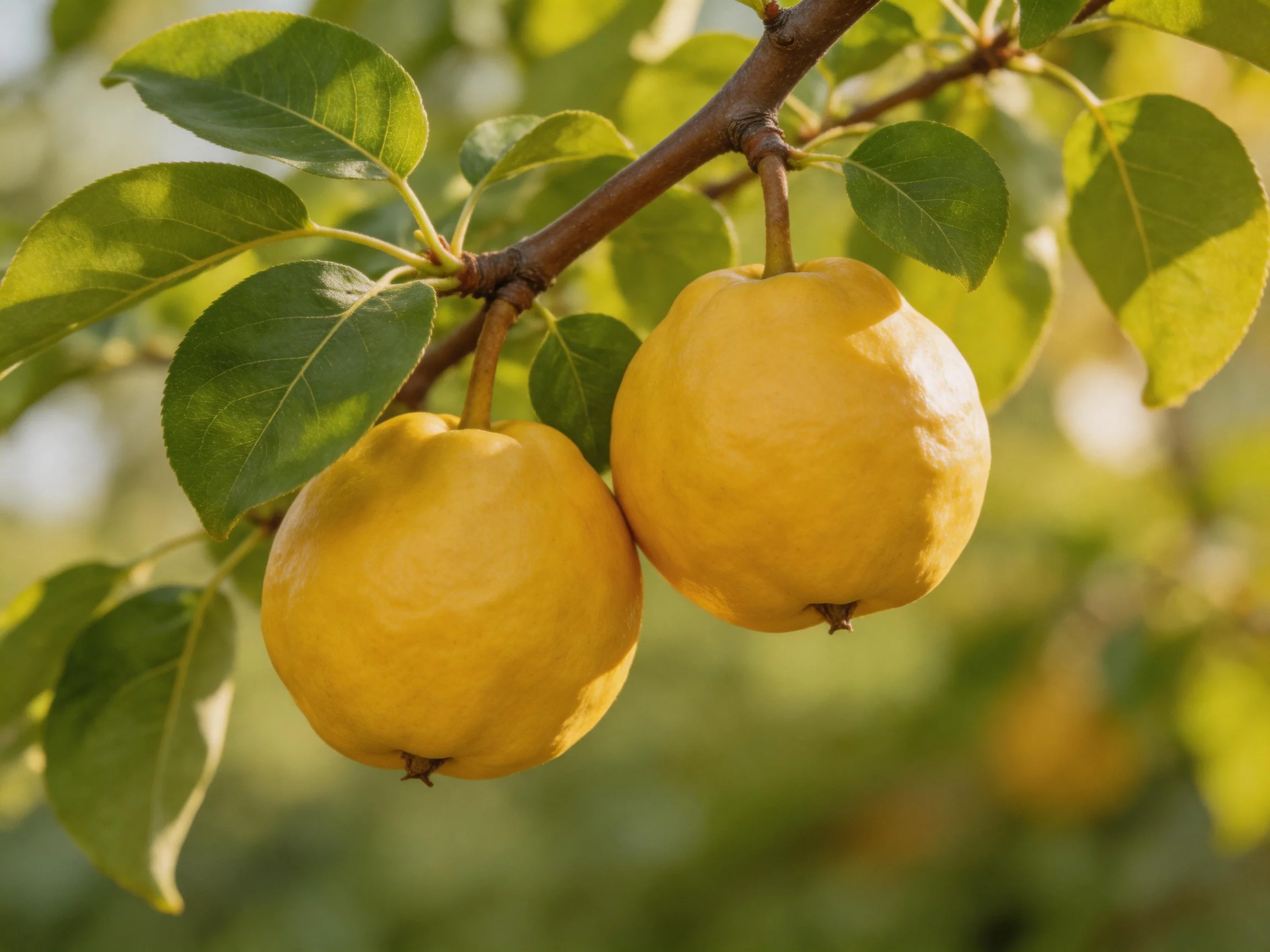 Two golden fruits hang from a tree branch with green leaves