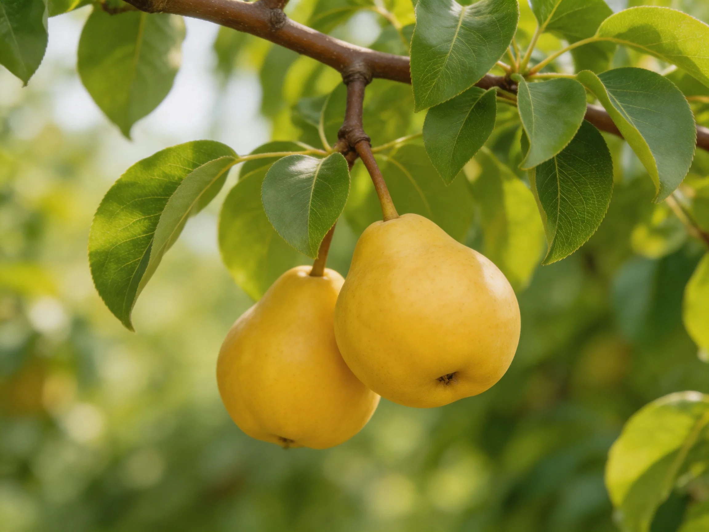 Two golden pears hang from a tree branch amid lush green foliage