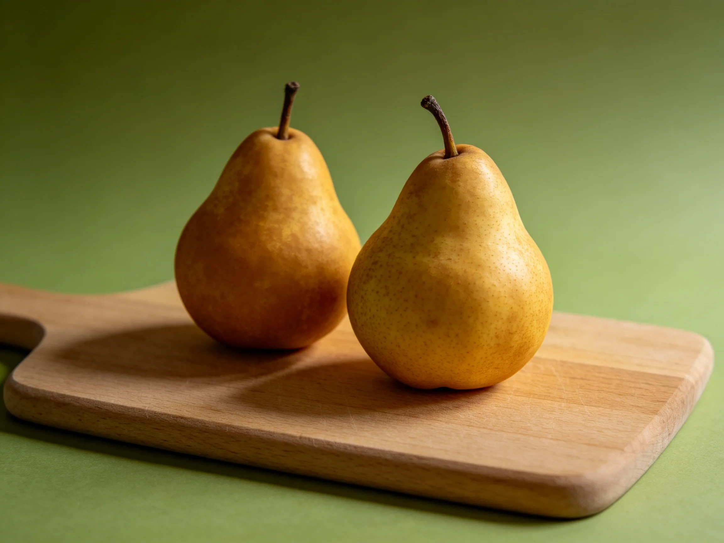 Two golden pears rest on a smooth wooden cutting board against a muted green backdrop