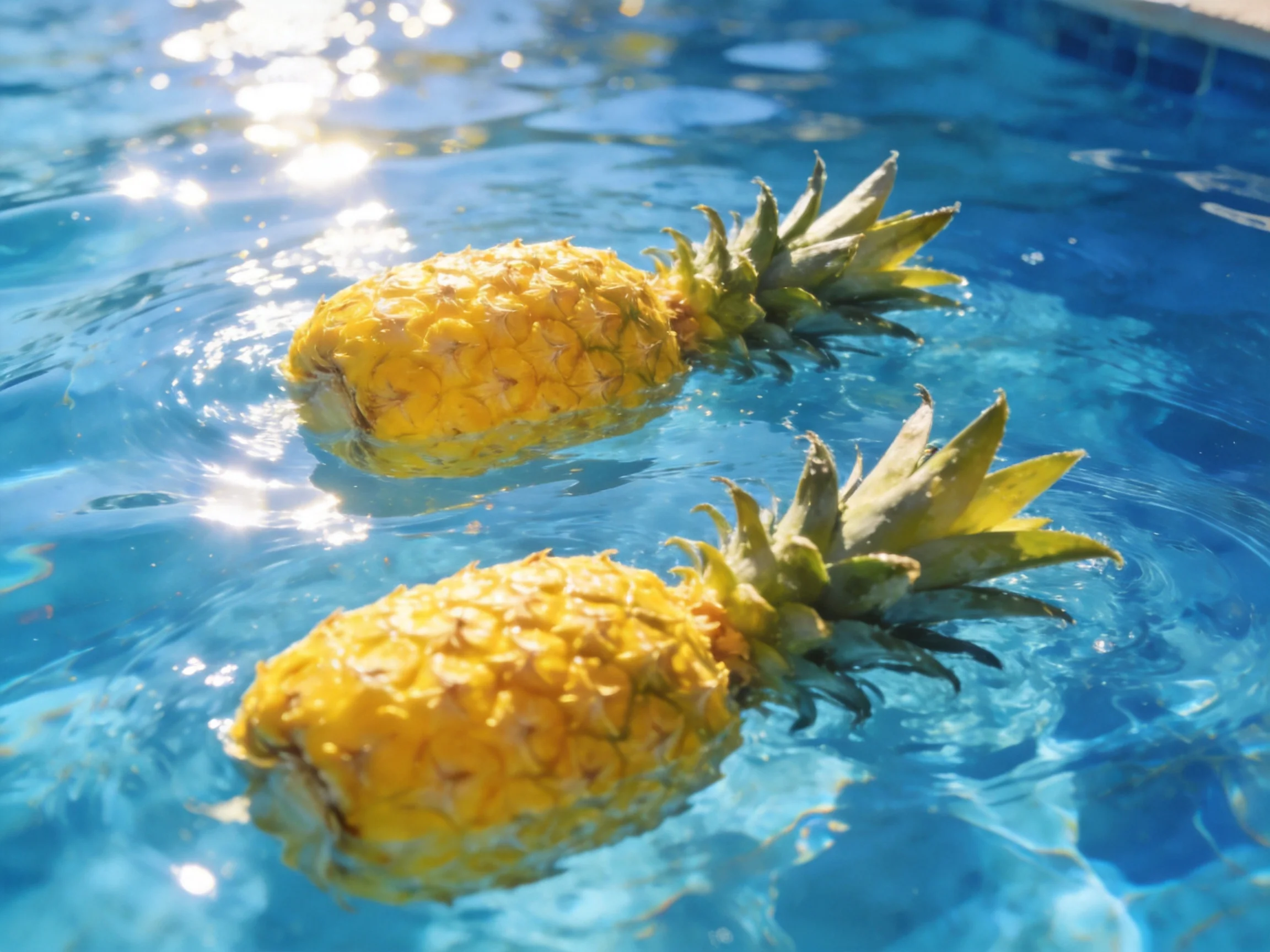 Two golden pineapples float in clear blue pool water